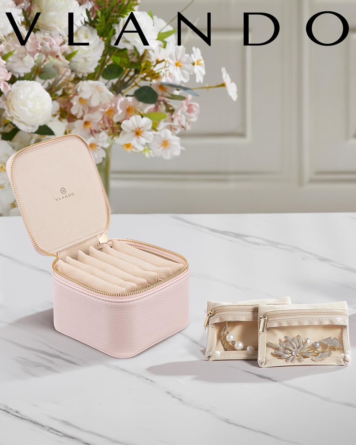 Vlando Gifts for Teachers,Jewelry Box with 6 Velvet Jewelry Bags Travel Jewelry Storage for Women Girl Jewelry Organizer Necklace Rings Earrings Bags Gifts for Women(Pink)