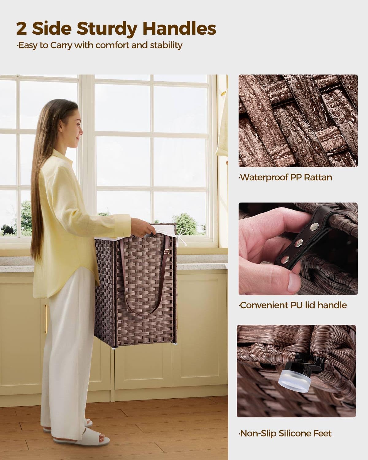 Greenstell Laundry Hamper with Wheels, No Install Needed, 110L Divided Handwoven Hampers & 2 Removable Liner Bags, Rattan Clothes Laundry Basket with Lid & Handles, Foldable Hampers Brown 22x13x26.4In