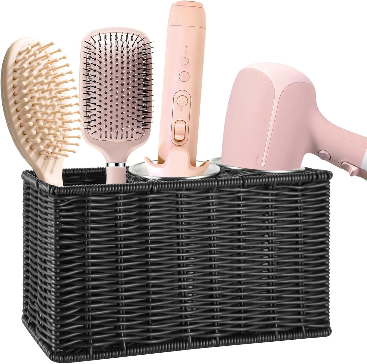 Hair Tool Organizer,Wall Mount Curling Iron Holder,Waterproof Wicker Hot Tools Organizer for Hair Dryer,Flat Irons,Curling Wands,Straighteners Storage,in Cabinet,Bathroom,Vanity (Black)