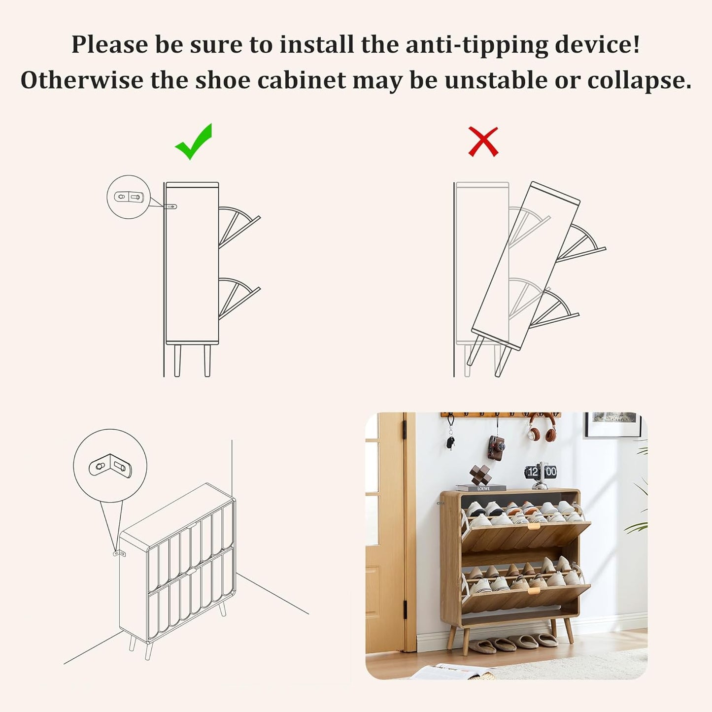 Shoe Storage Cabinet for Entryway with 2 Flip Drawers, Freestanding Narrow Wood Shoe Cabinet with Wave Panel, Hidden Shoe Organizer for Foyer, Hallway (Natural)