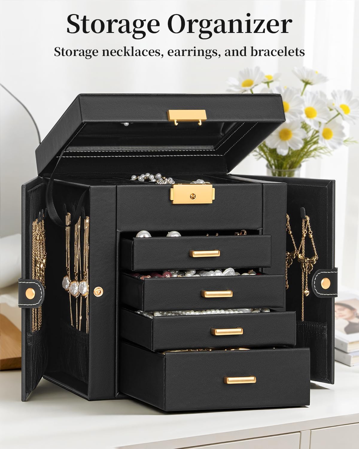 TORIBIO Jewelry Box for Women, Leather Jewelry Organizer with Mirror & Lock, 5-Tier Jewelry Storage Organizer with 4 Drawers for Girls/Women/Mothers, Necklace Earring Bracelets Holder Organizer