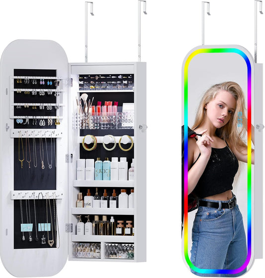 6 LED Mirror Jewelry Cabinet - Wall/Door Mounted Armoire with Large Capacity, Lockable, 14 Dimmable Lights + Adjustable Full-Length Standing or Hanging, White - Cosmetic Storage Organizer, Gift Idea