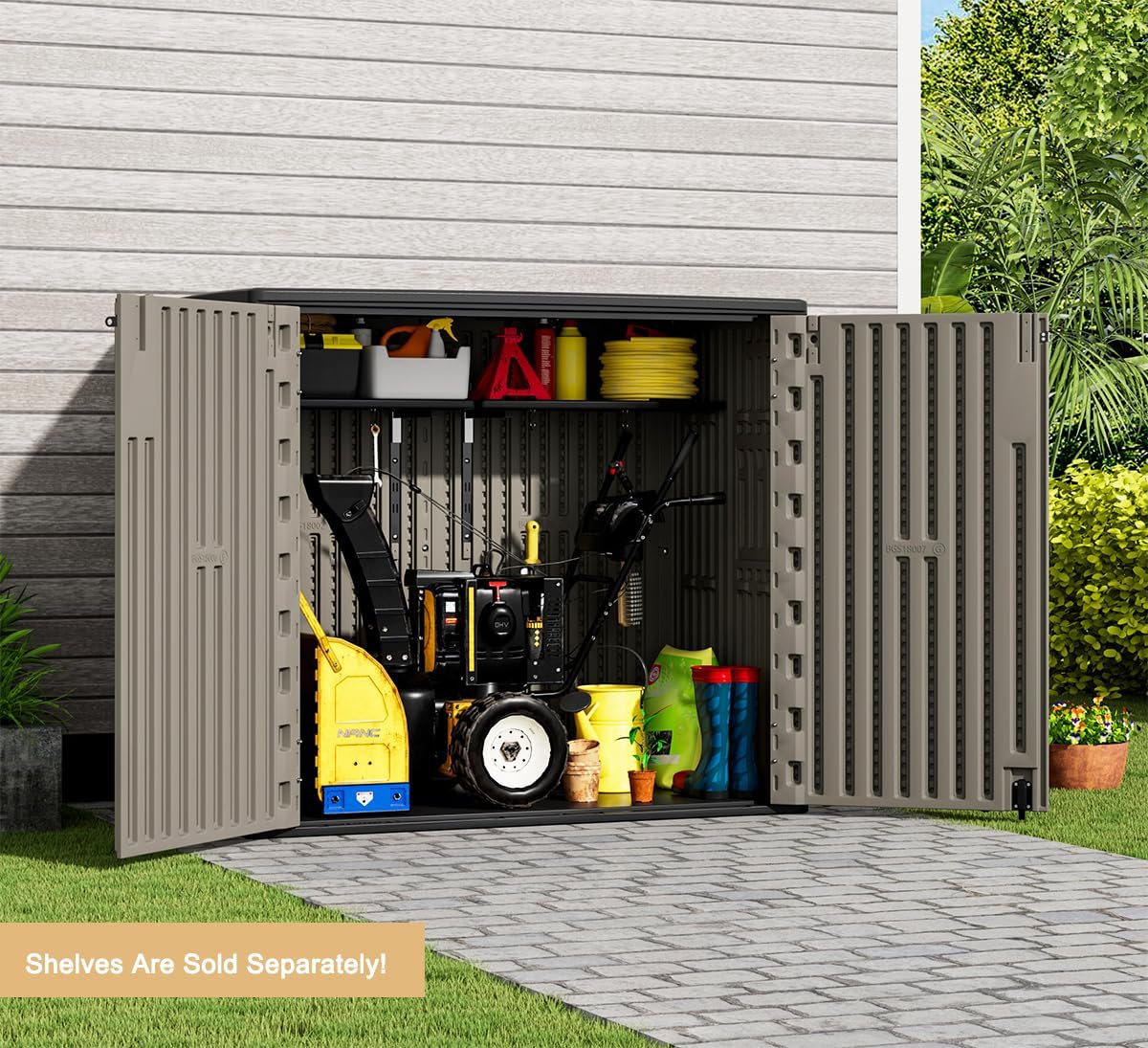 KINYING Outdoor Horizontal Storage Sheds,Outdoor Storage Cabinet Waterproof Resin Tool Storage Box for Lawn Mower,Garden Tools and Patio Furniture, Lockable (Brown)