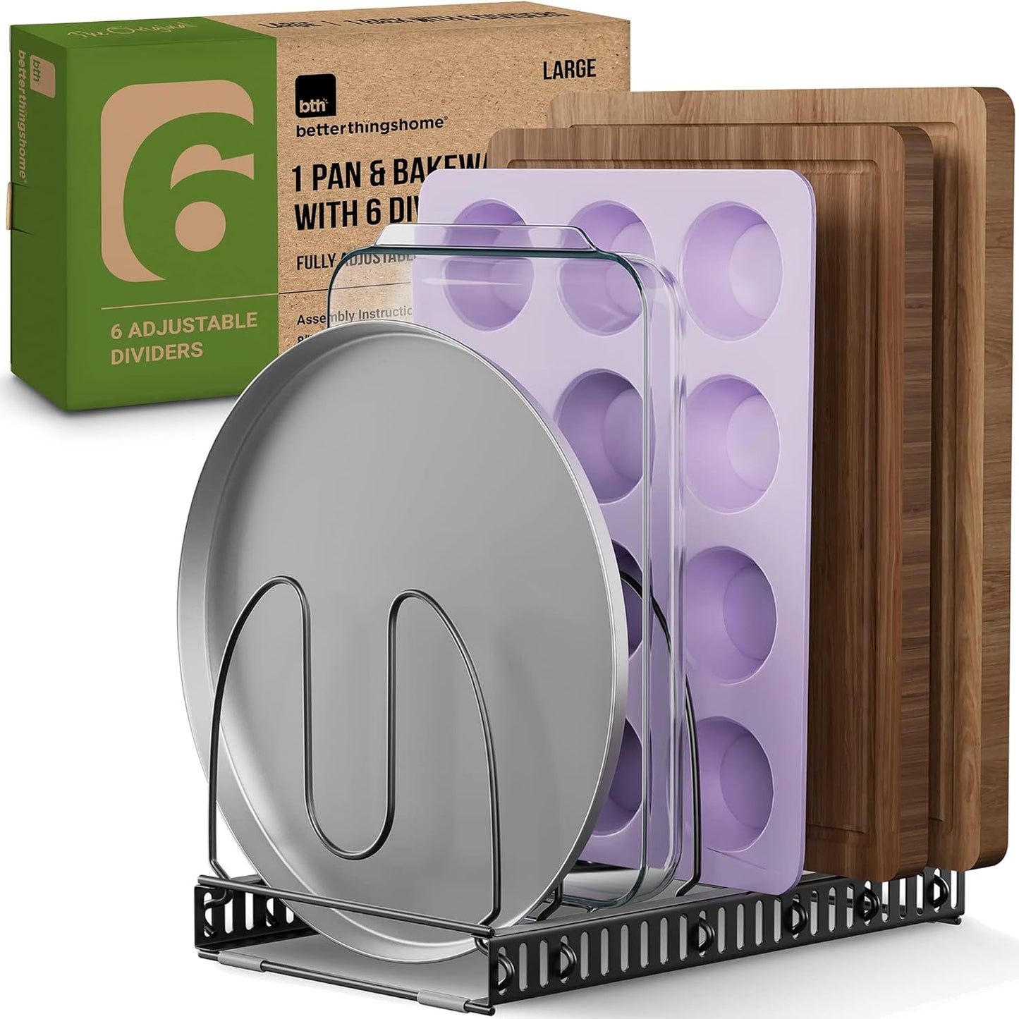 Better Things Home 6+ Compact Pan & Pot Lid Organizer Rack for Cabinet, Single Rack with 6 Adjustable Dividers for Kitchen Cabinet or Pantry (Dark Grey, SINGLE RACK)