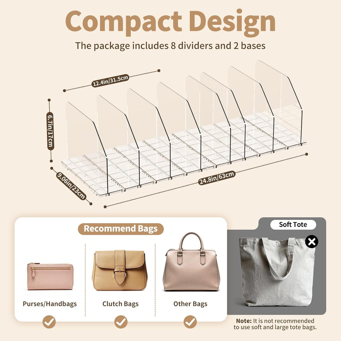 Purse Organizer for Closet, Shelf Divider Adjustable Clear Acrylic Handbag Storage, Bag Storage Separators, Keep Handbag & Books Neat and Upright in Bedroom, Office