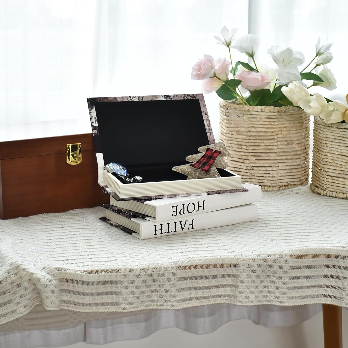 Decorative Books for Decor, Contemporary Faux PU Leather and Wooden Storage Boxes Set of 3, Vintage Keepsake Box for Home, Living Room, Shelves (Faith Hope Trust, Eiffel Tower, Paris)
