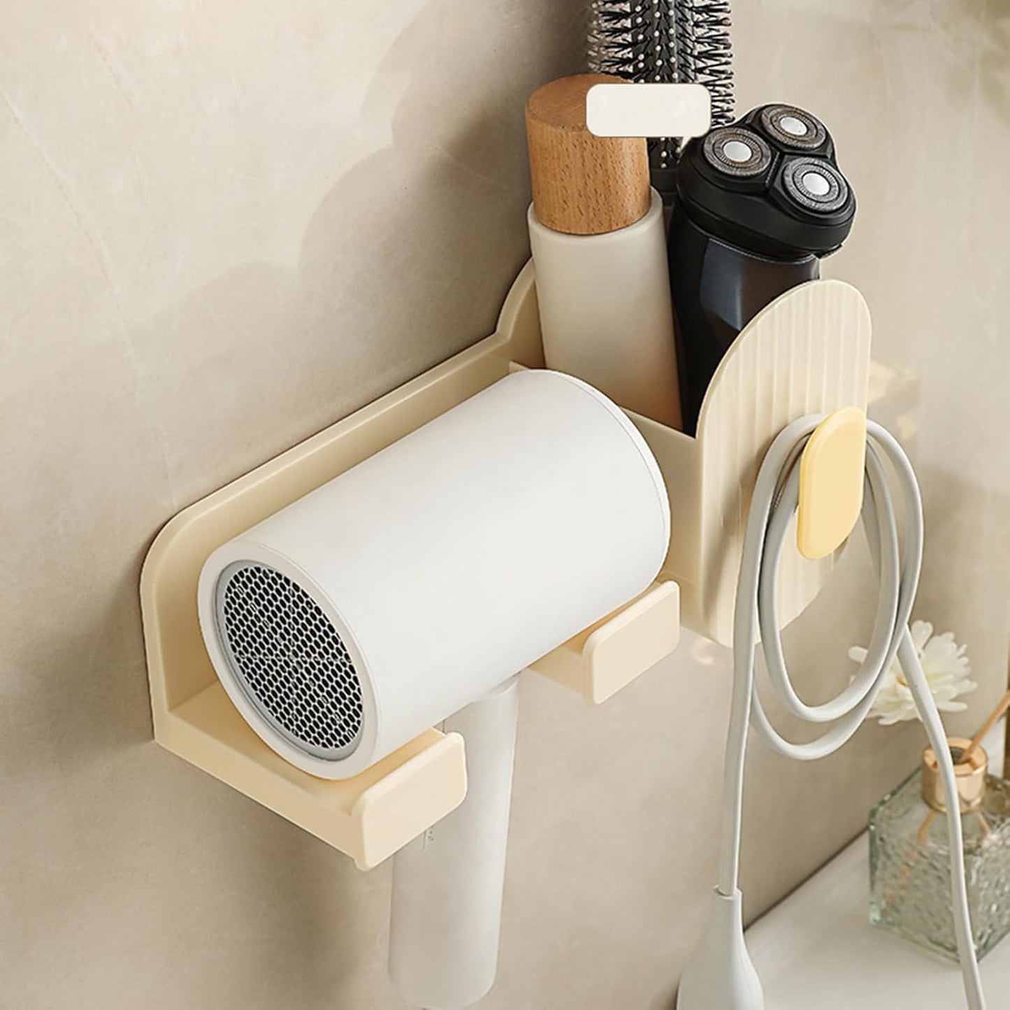 Wall Hair Dryer - Adhesive Storage Rack - Hair Tool Organizer | for Brush Bottle Curling Iron Comb Barrettes Cosmetics Straightener Home Bedroom Laundry Room
