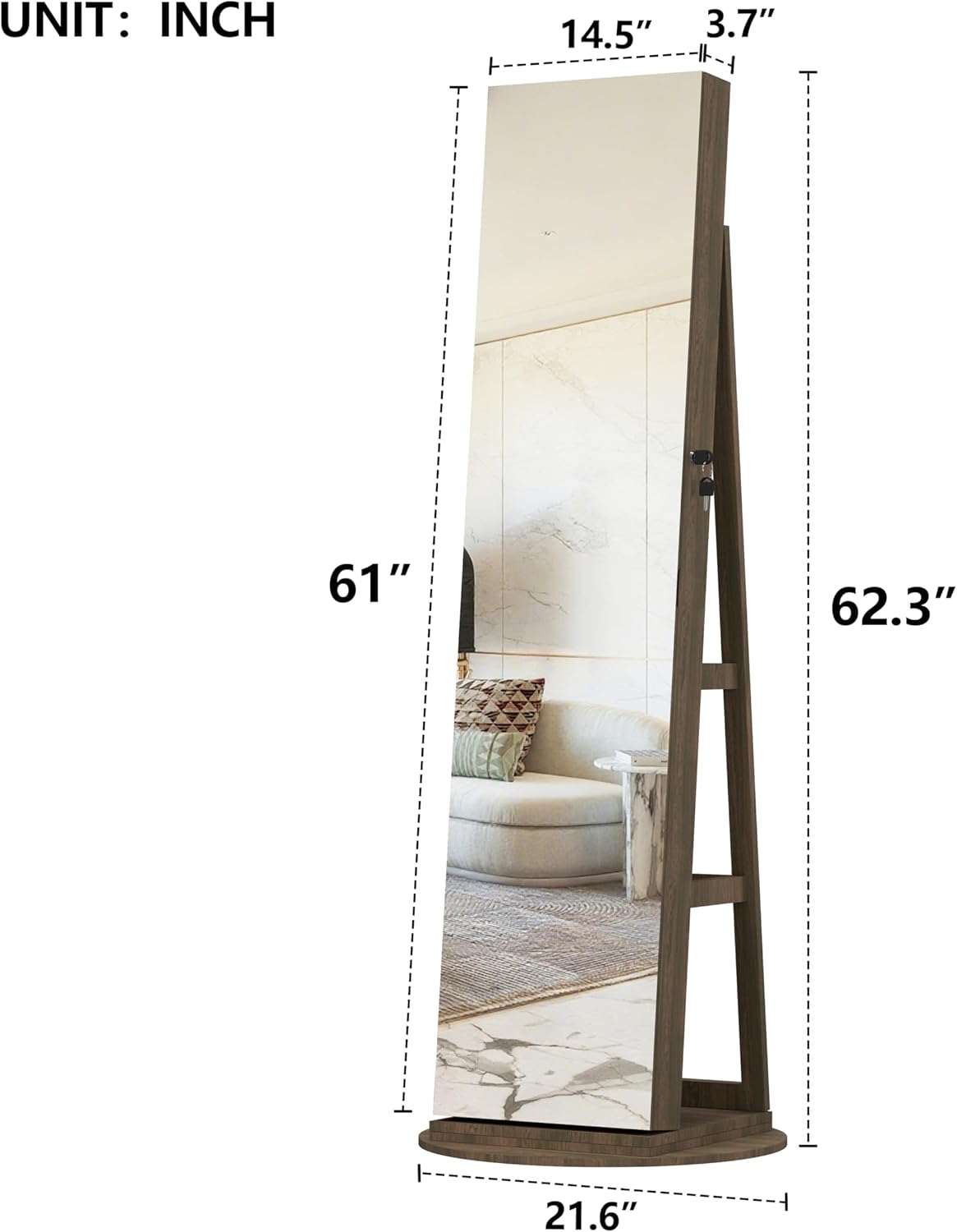 Montary 360° Rotating Jewelry Cabinet with Full-Length Mirror - Freestanding Jewelry Armoire with Lockable Storage, Built-In Lighted Mirror & Back Display Shelves,Brown