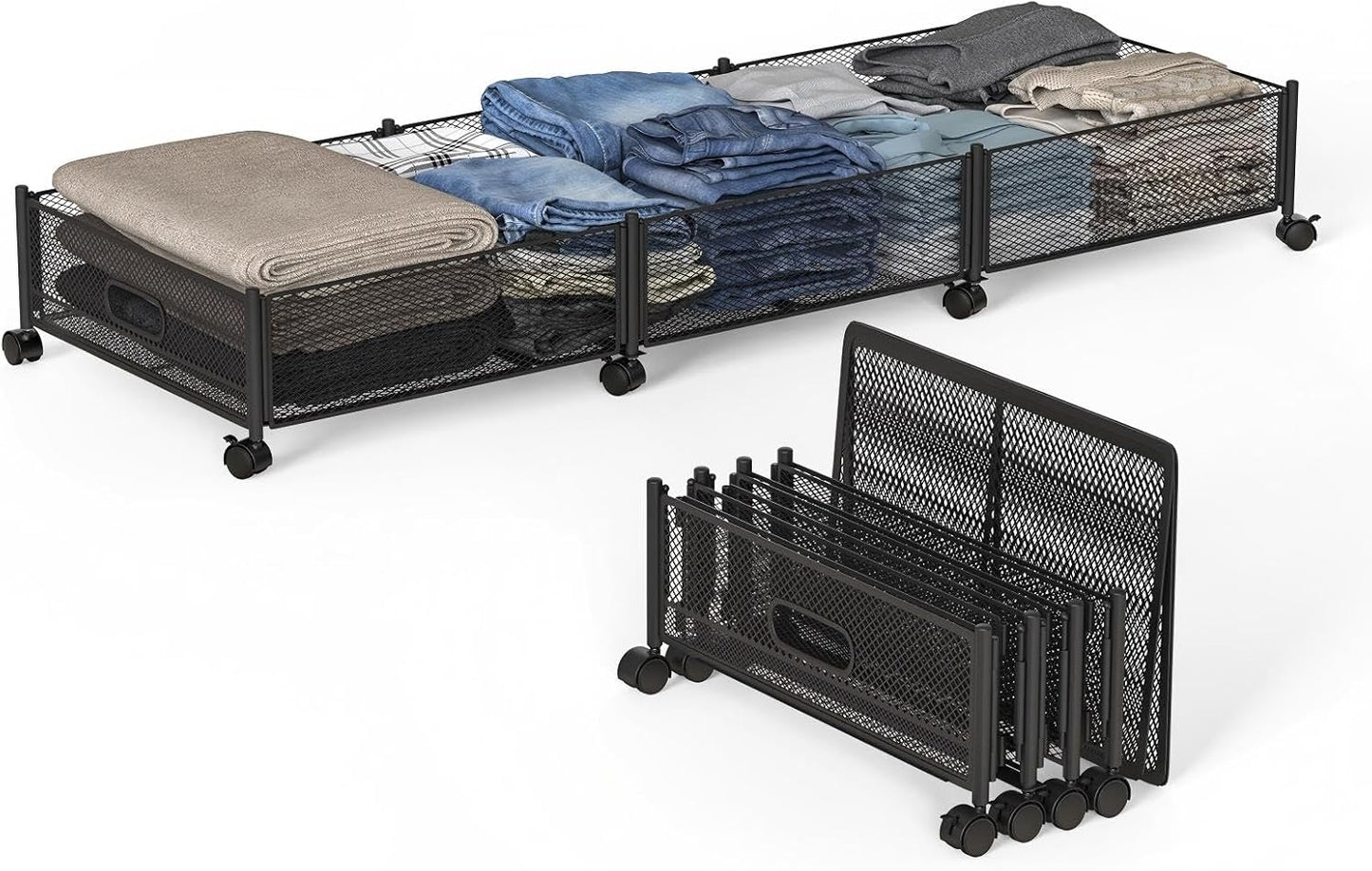 Under Bed Storage With Wheels, 47.2''/90lbs/57.6L, Metal Frame Under Bed Rolling Storage, Tool-Free Assembly Underbed Drawers, Underbed Organizer Containers for Shoes, Clothes and Toys