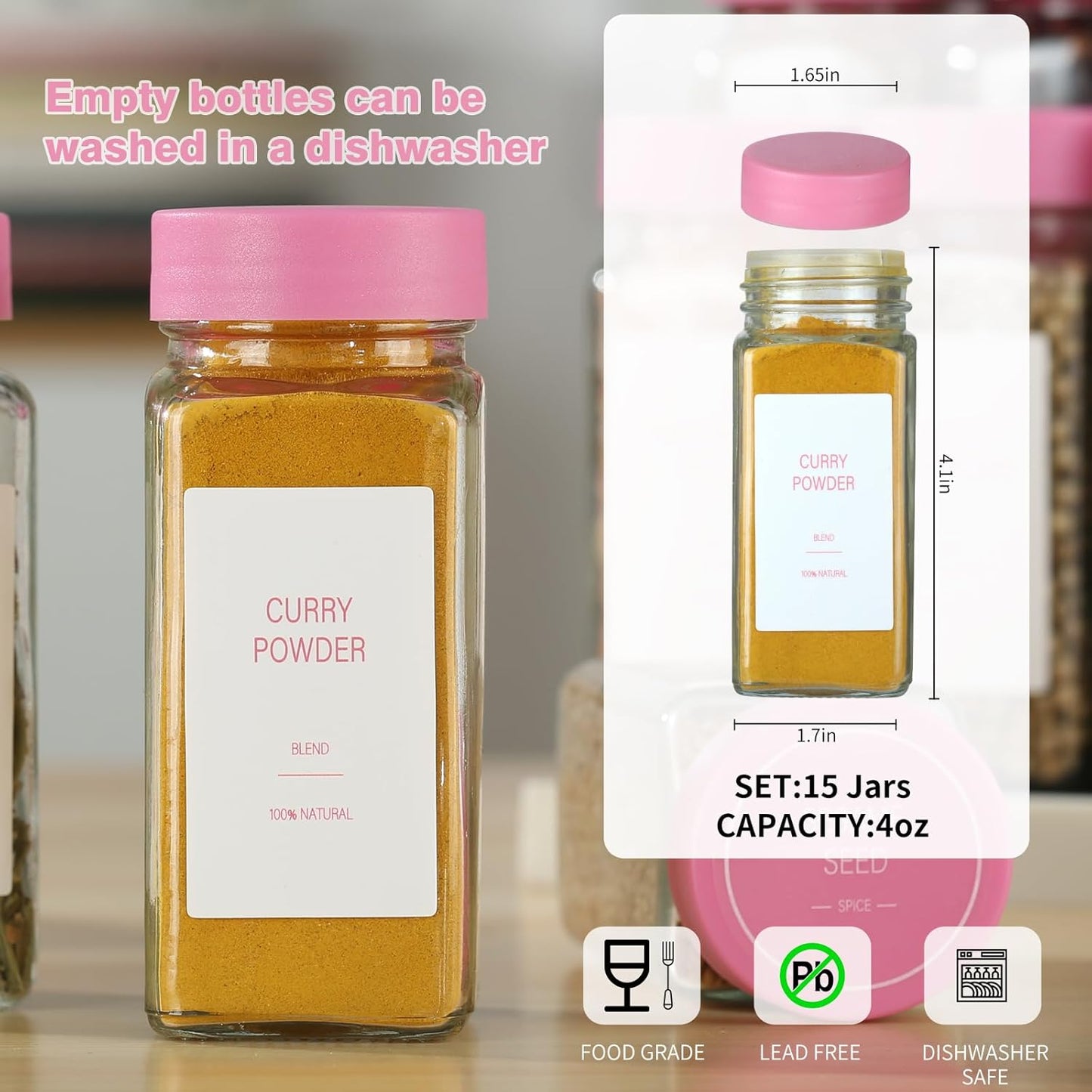 Pink Spice Jars with Label，4oz Seasoning Containers, Glass Spice Bottles with Shaker Lids,Funnel, Chalk Pen (Pink, 24)