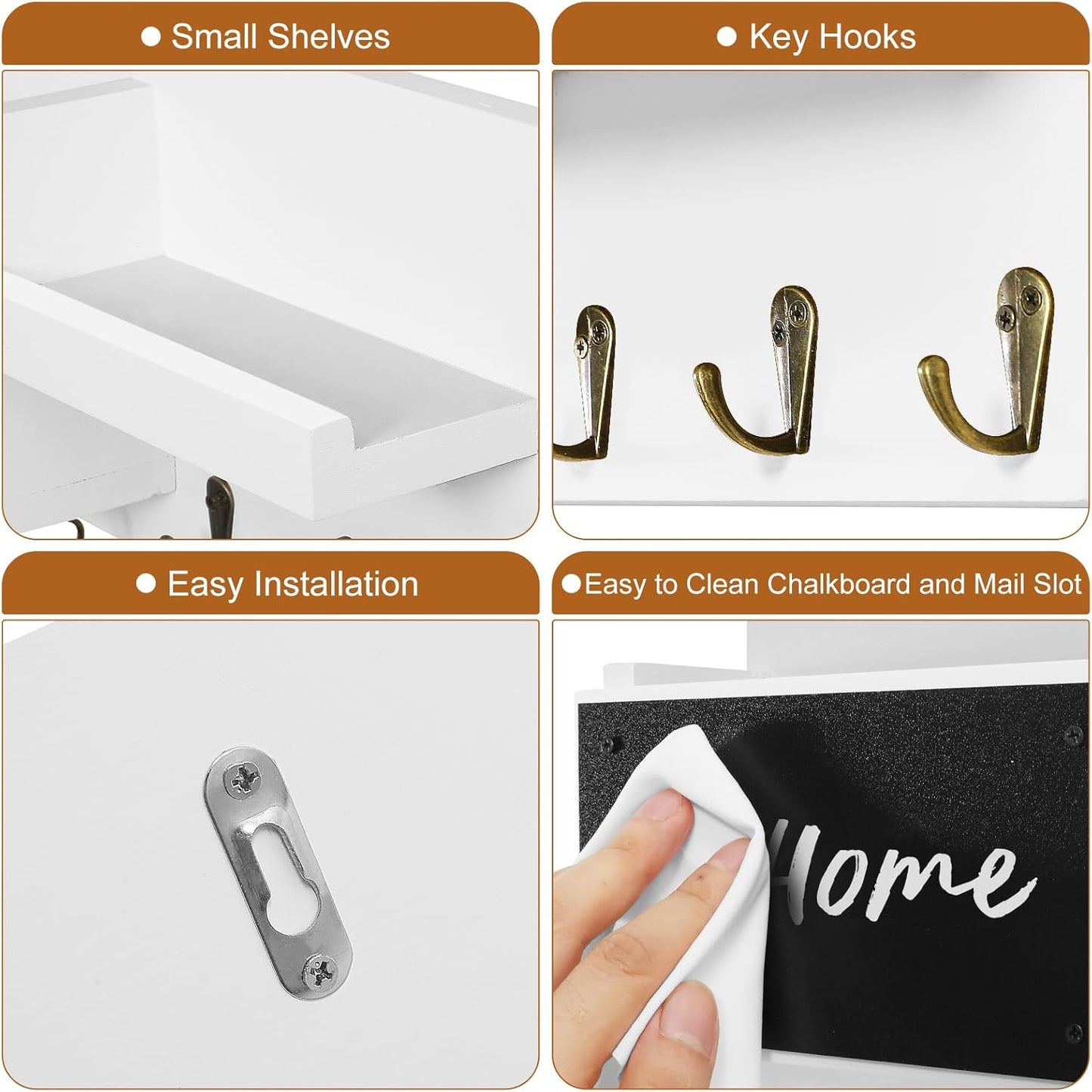 Decorative Key Hanging Rack with 8 Hooks – Easy Install Natural Wooden Key and Mail Holder for Wall Mount – Sunglasses Wallet Holder Entryway Decor with Shelf and Chalkboard (White)