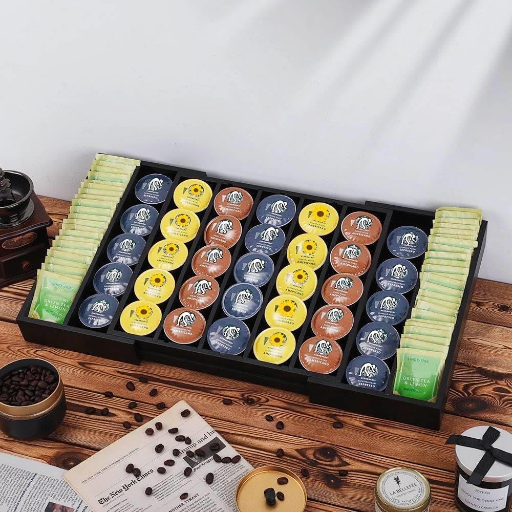 K Cup Holder Bamboo Coffee Pod Holder Drawer Organizer, Expandable K Cup Pod Storage Tea Bag Storage for Coffee Station Home Office and Kitchen （Black)
