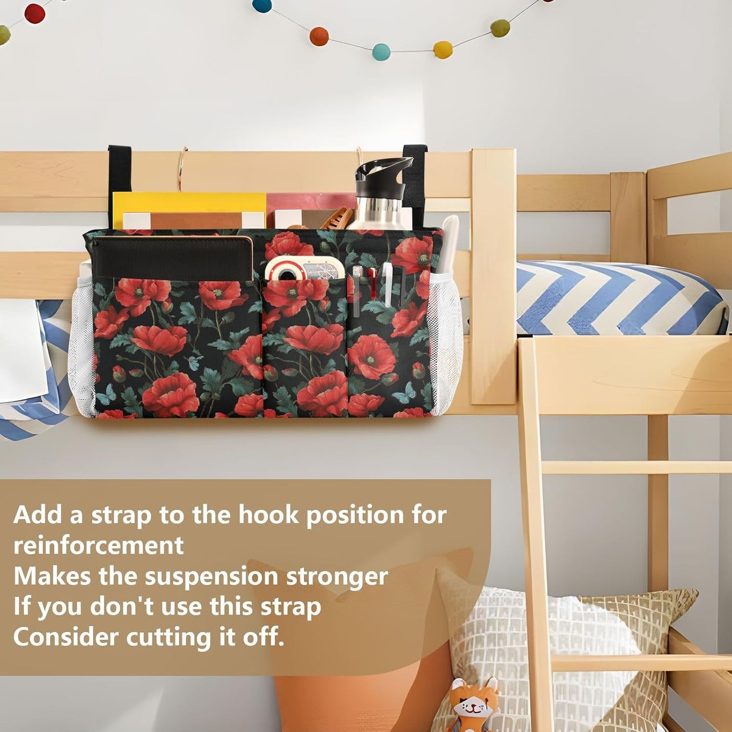 Poppy Butterfly Leaf Bedside Caddy for Dorm Bed Bedside Hanging Caddy Bag Iron Frame Storage Organizer Pocket for Bunk Home College Hospital Beds 2 Hooks
