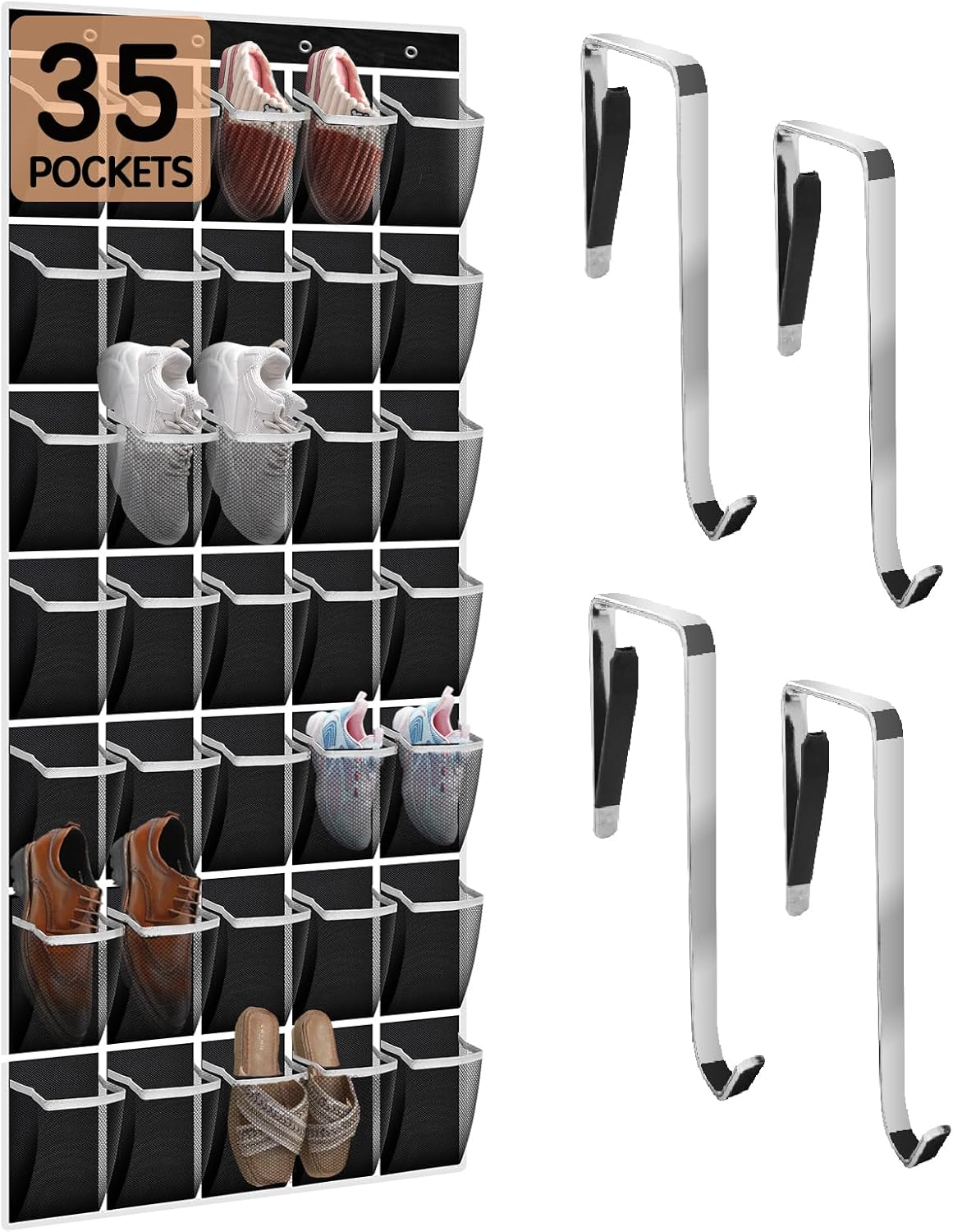 35 Compartment Over The Door Storage - Breathable Mesh Hanging Organizer with Large Pockets, Space Saving Design for Men & Women's Footwear, Closet, Bedroom- Black