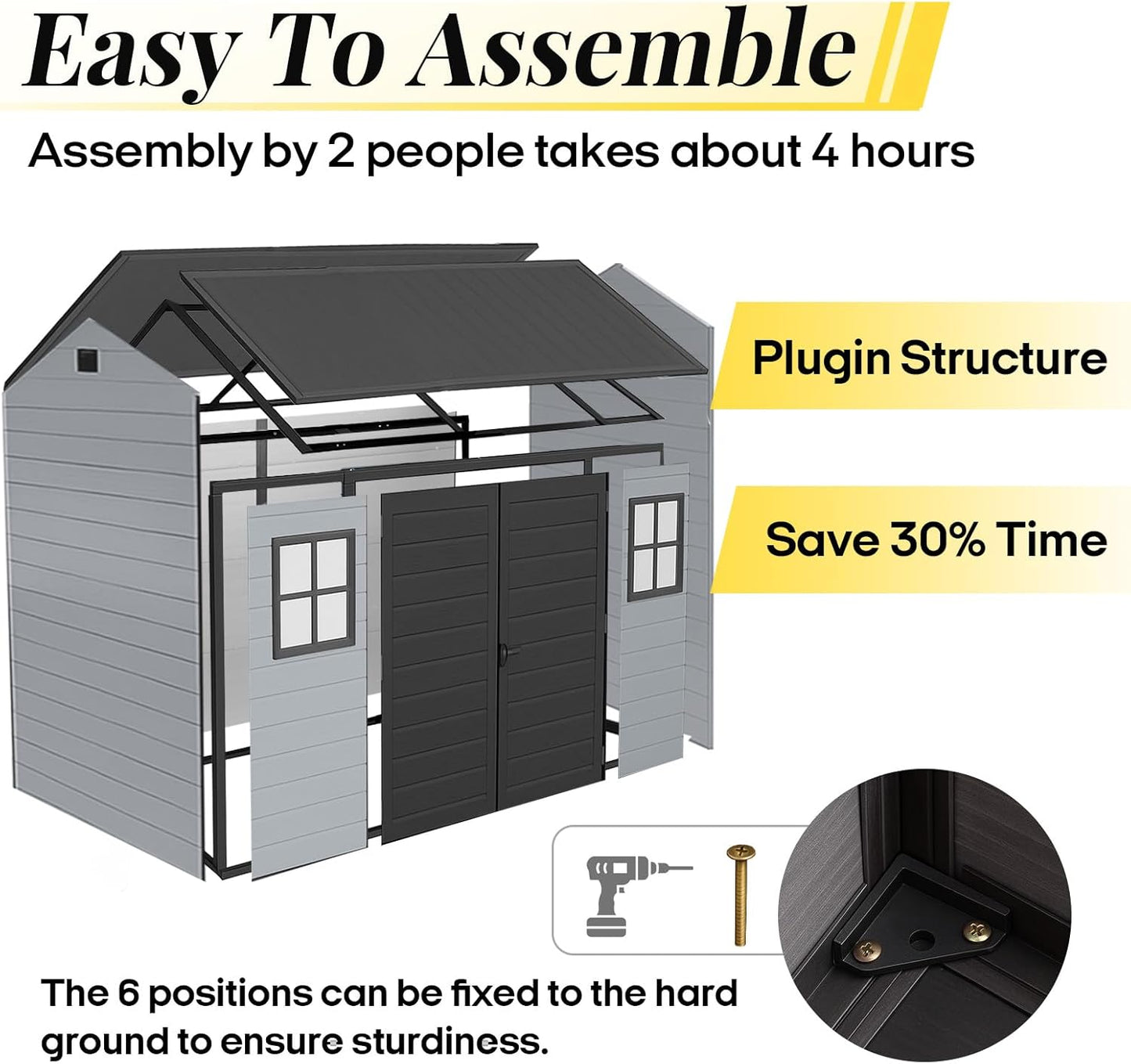 8x6ft Resin Outdoor Storage Shed with Floor and 2 Windows, Plastic Sheds & Outdoor Storage Clearance for Patio Furniture, GardenTools, Bike Accessories and Lawn Mower, Black+Grey