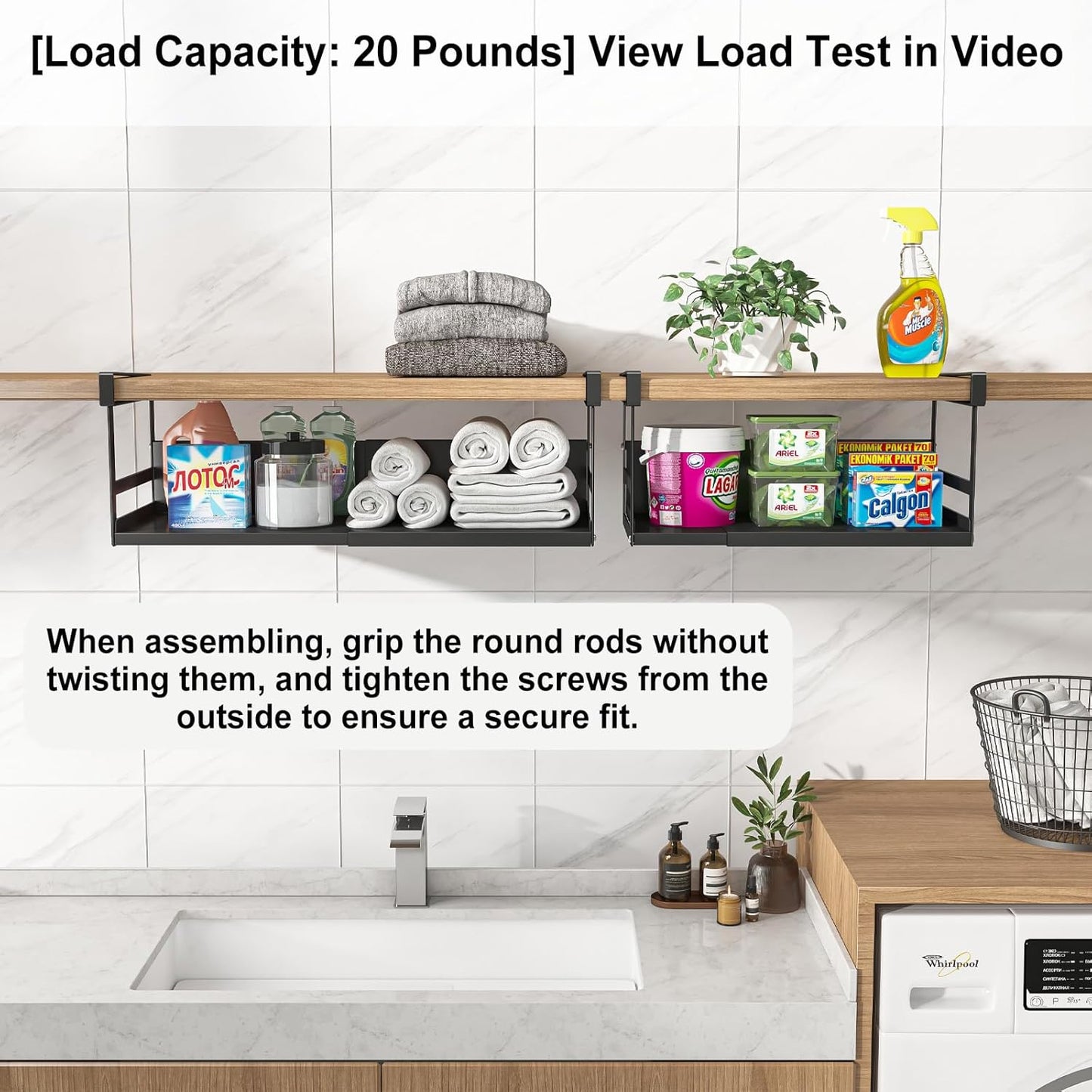 Expandable Under Cabinet Shelf Organizer with 1.25 Inches Thick Clips, Heavy Duty Extendable Under Shelf Storage Basket for Pantry or Laundry Room, Black, 2 Pack, Interior: 5.7" H x 8.54" D