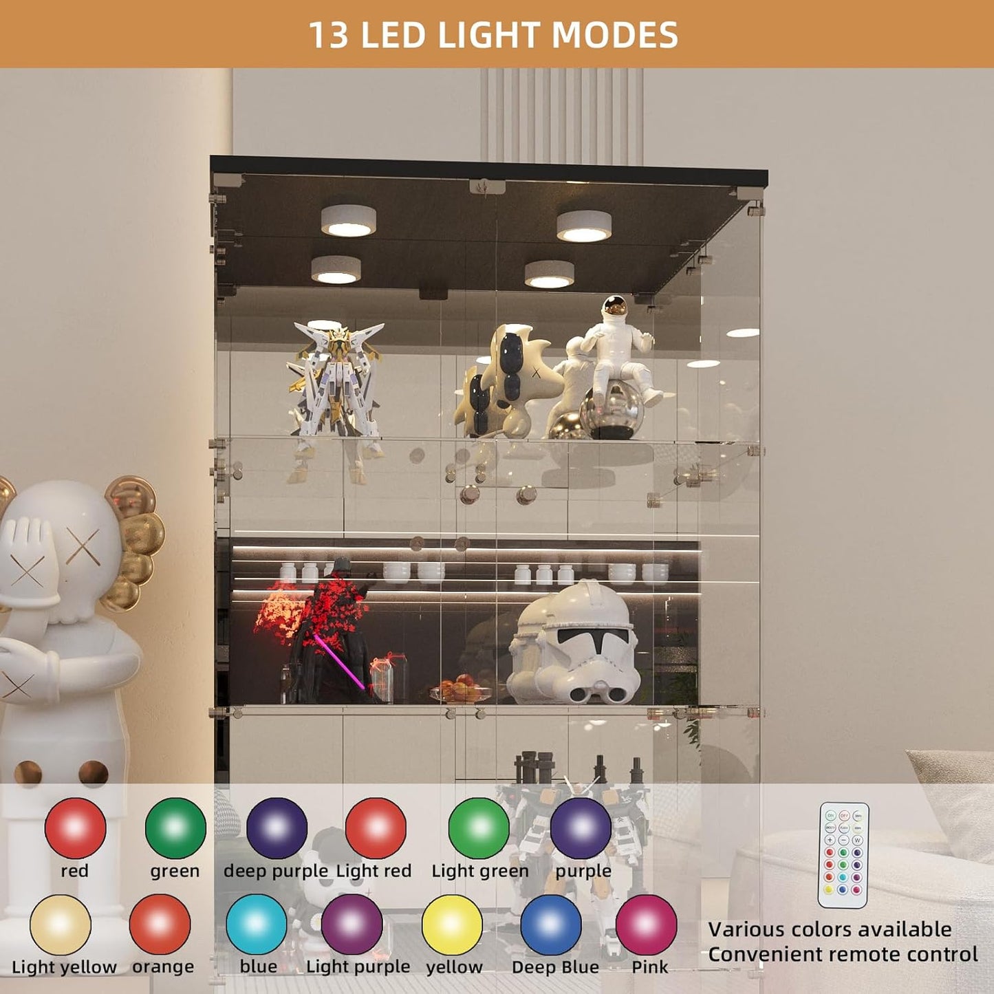 Beauty4U Glass Display Cabinet with LED Lights and Mirror, 4 Shelves with 2 Doors, Curio Cabinets for Living Room, Bedroom, Office, Black Floor Standing Glass Bookshelf, Quick Installation