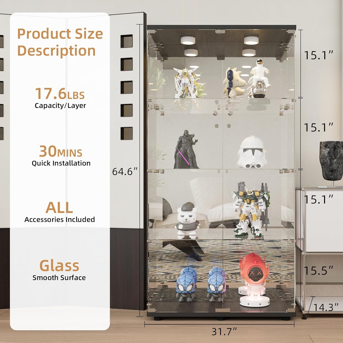 Beauty4U Glass Display Cabinet with LED Lights and Mirror, 4 Shelves with 2 Doors, Curio Cabinets for Living Room, Bedroom, Office, Black Floor Standing Glass Bookshelf, Quick Installation