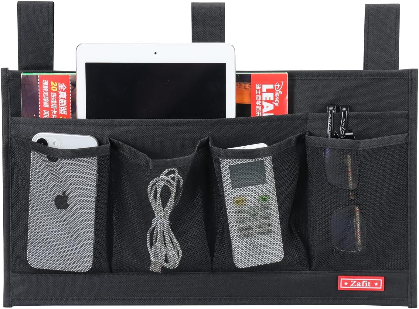 Hanging Bedside Caddy, Bedside Storage Organizer for Magazine, Phone, Remote control (6 Pockets-Black)