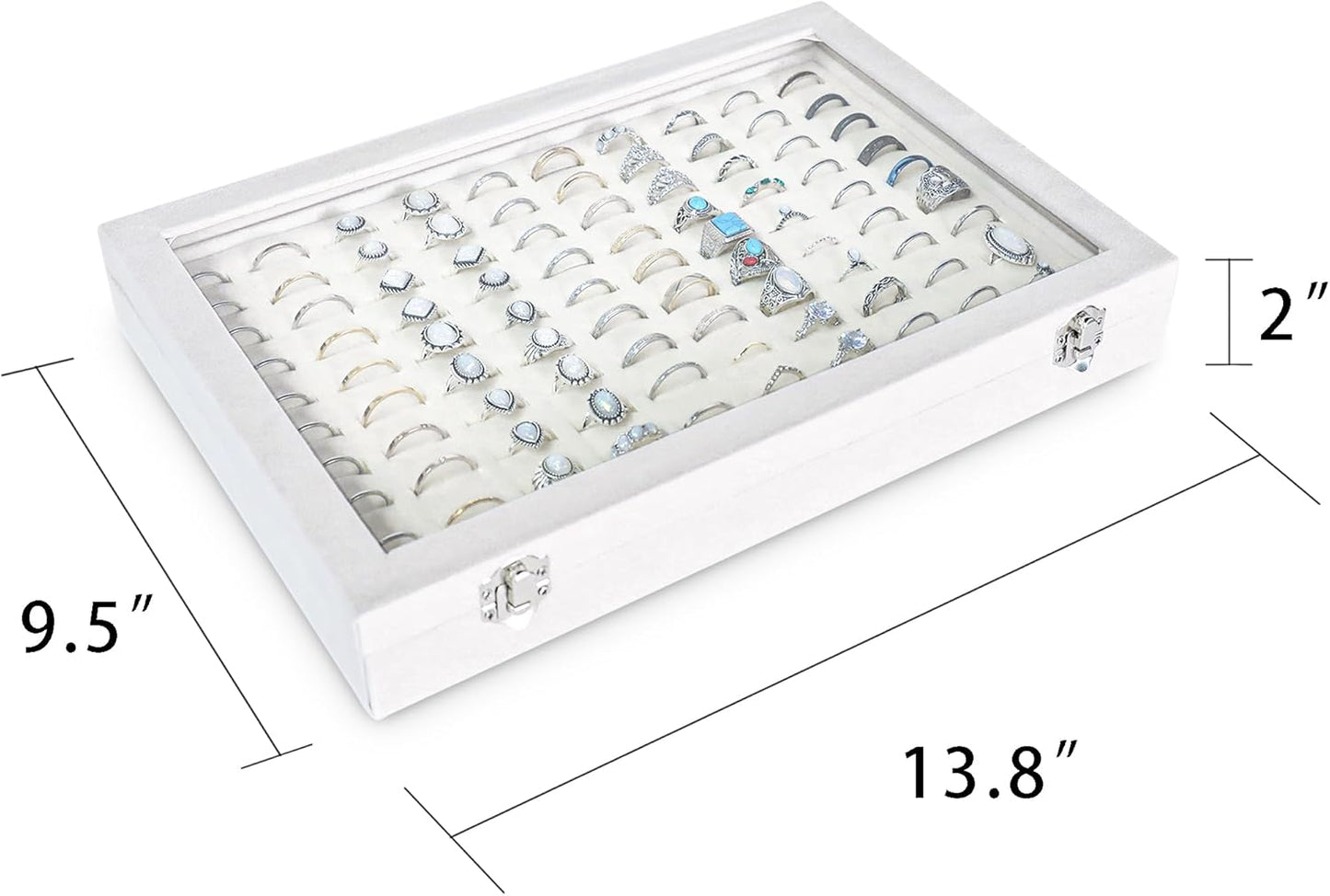 Frebeauty Ring Organizer Tray 100 Slots Ring Holder with Clear Lid Velvet Storage Box Jewelry Tray for Jewelry Store Earring Display Case for Jewelry Show Studs Box for Women(White)