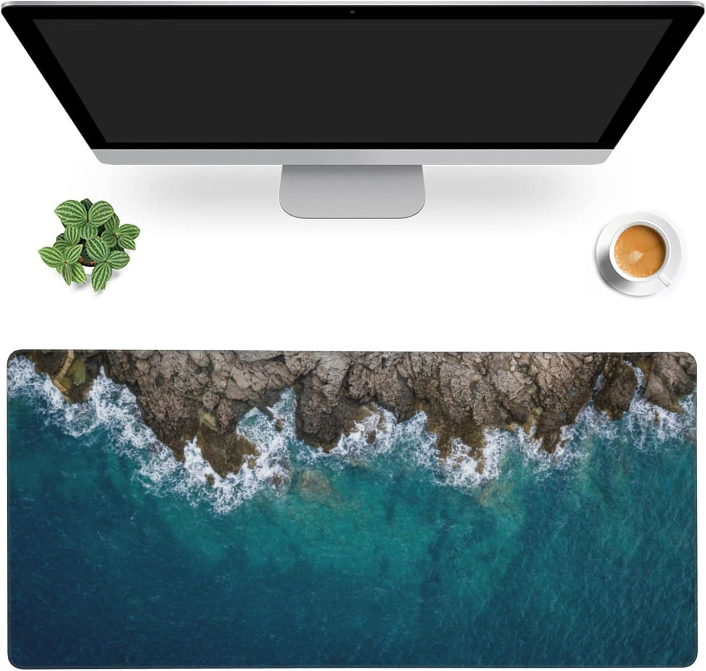 Desk Mat,Sea Waves and Fantastic Coast Gaming Mouse Pad,XXL Extended Mouse Pad Mat for Office,Computer,Keyboard with Non-Slip Base Stitched Eges Mousepad 35.4x15.75 inch