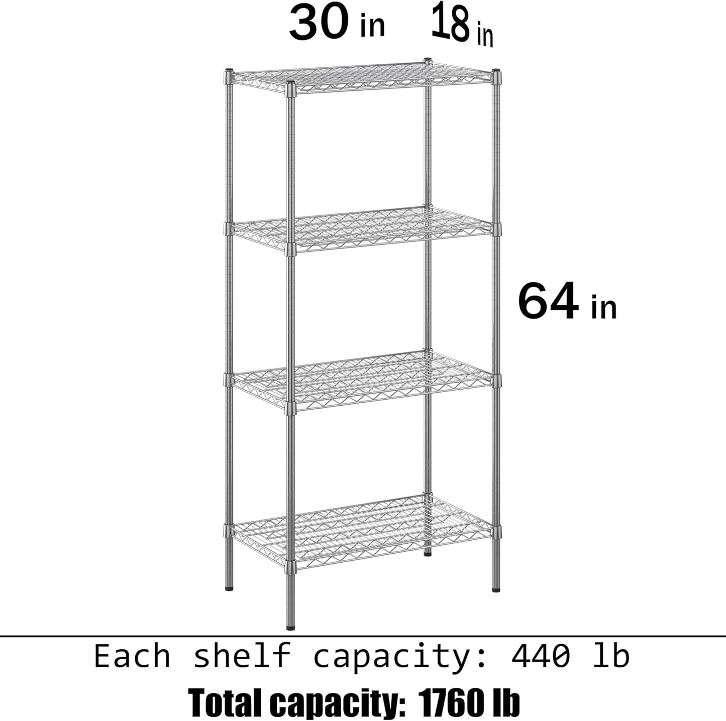 18" Deep x 30" Wide x 64" Height Wire Shelving Kit | 4-Tier | NSF Commercial Storage Rack Unit
