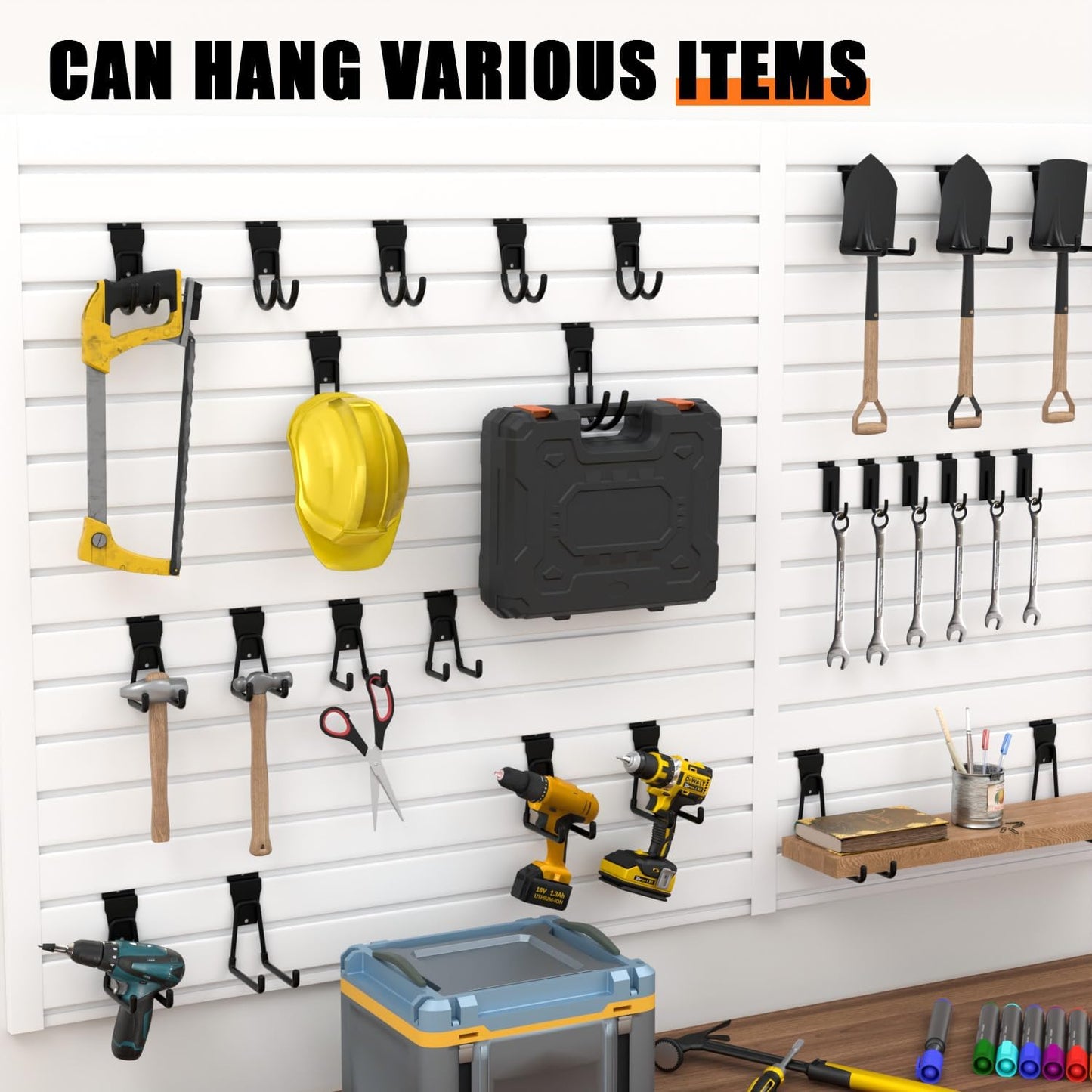 18PCS Black Slatwall Hooks, Garage Slatwall Accessories, Multi Size Slat Wall Accessory, Utility Hooks for Slatwall