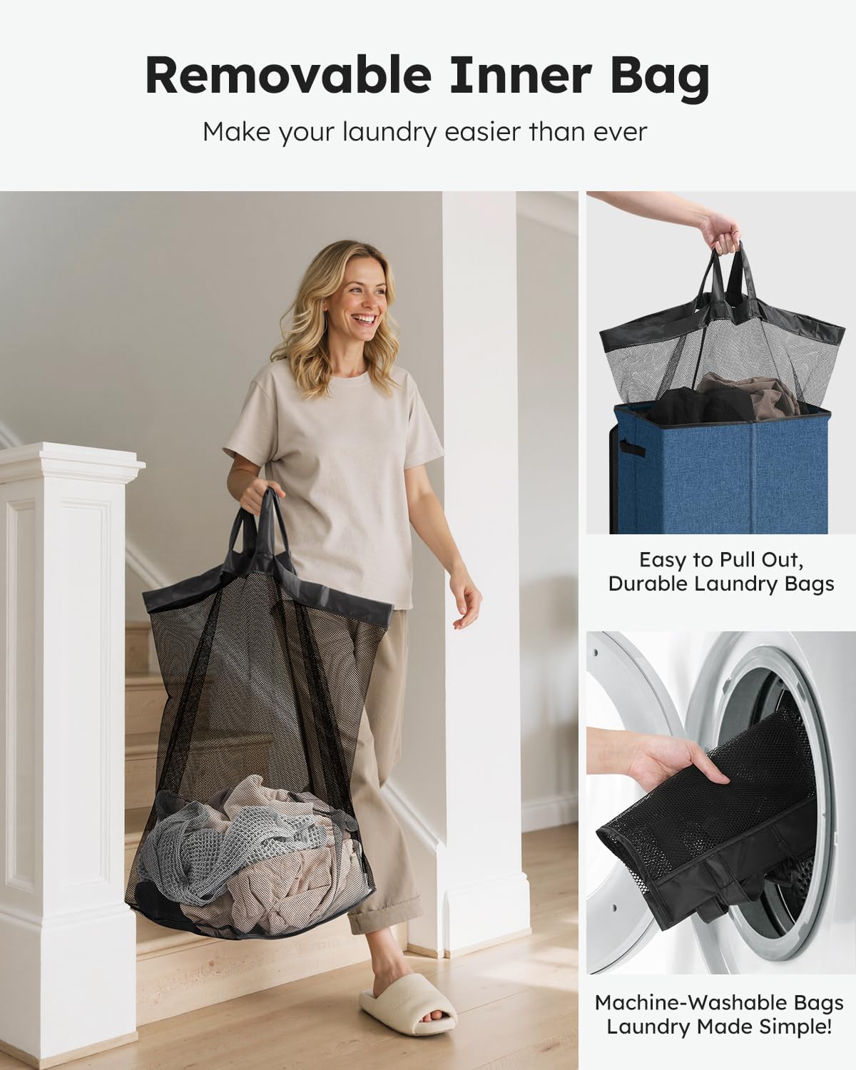 SOLEDI Laundry Hamper with Lid 130L Large & Tall Collapsible Laundry Basket, Clothes Hamper with Bag Removable Easy to Carry, Dirty Hampers for Bedroom, Bathroom, Dorm, College, Blue