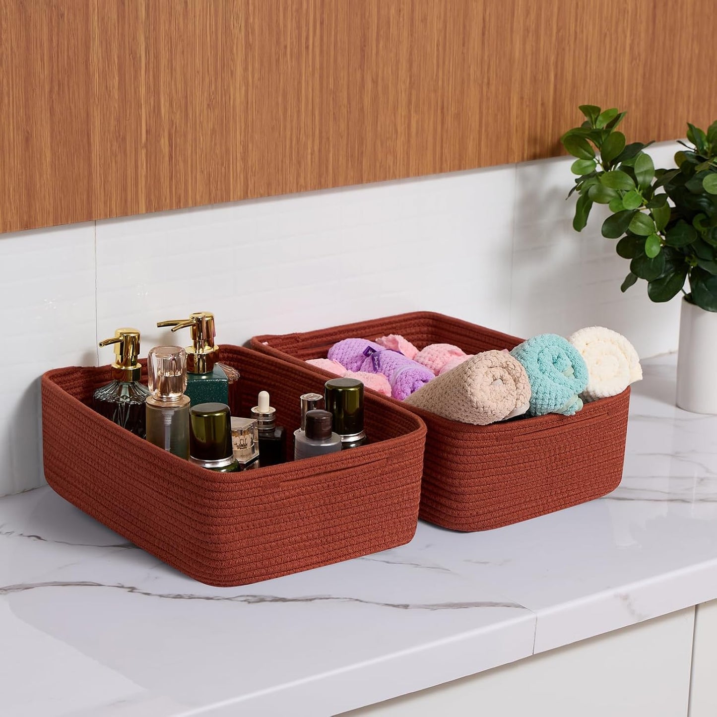 Large Shallow Organizing Baskets 15x11x5.1 Inches - Rope Woven Storage Bins for Bathroom, Shelves, Cube Closet, Red 3 Packs