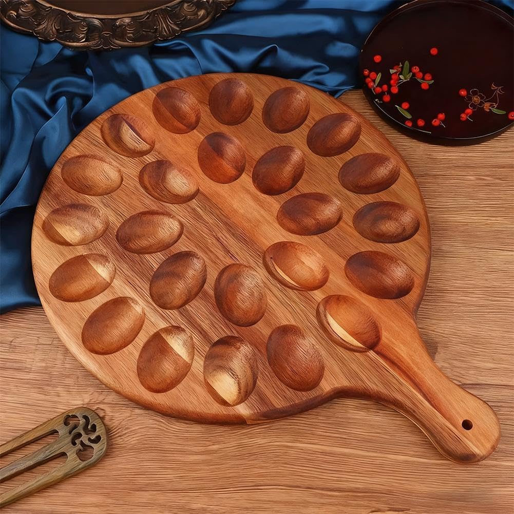 24 Holes Wood Deviled Egg Platter Round Tray for Devilled Eggs Container, Charcuterie Board for Kitchen Countertops, Deviled Egg Tray Holder for Easter, Gathering, Thanksgiving & Parties