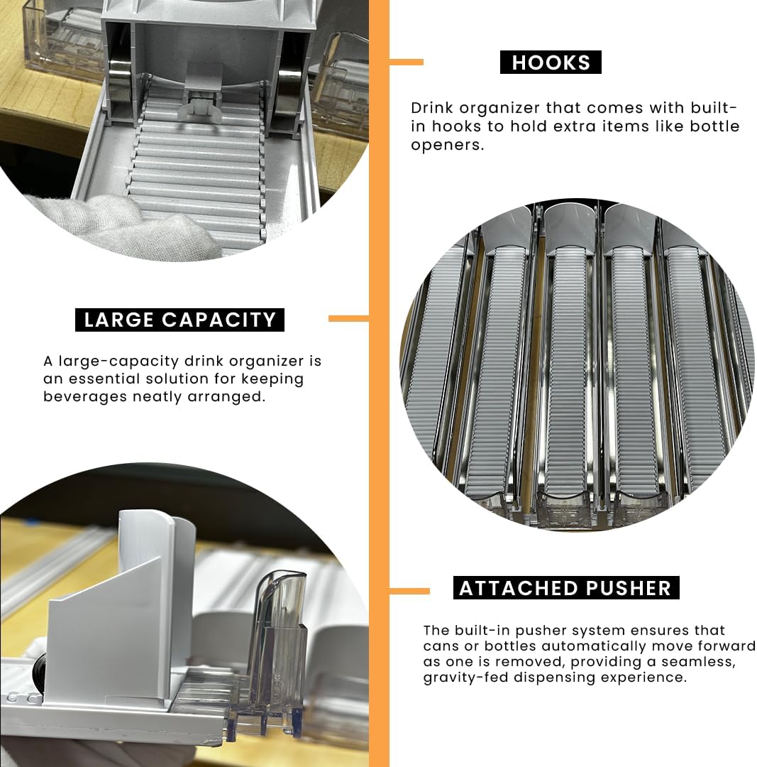 Soda Can Organizer with Automatic Can Pusher | Refrigerator Drink Organizer | Beverage Dispenser for Soda, Cans and Bottles | Space-Saving | Stainless Steel | Adjustable Sizes (5 Rows)