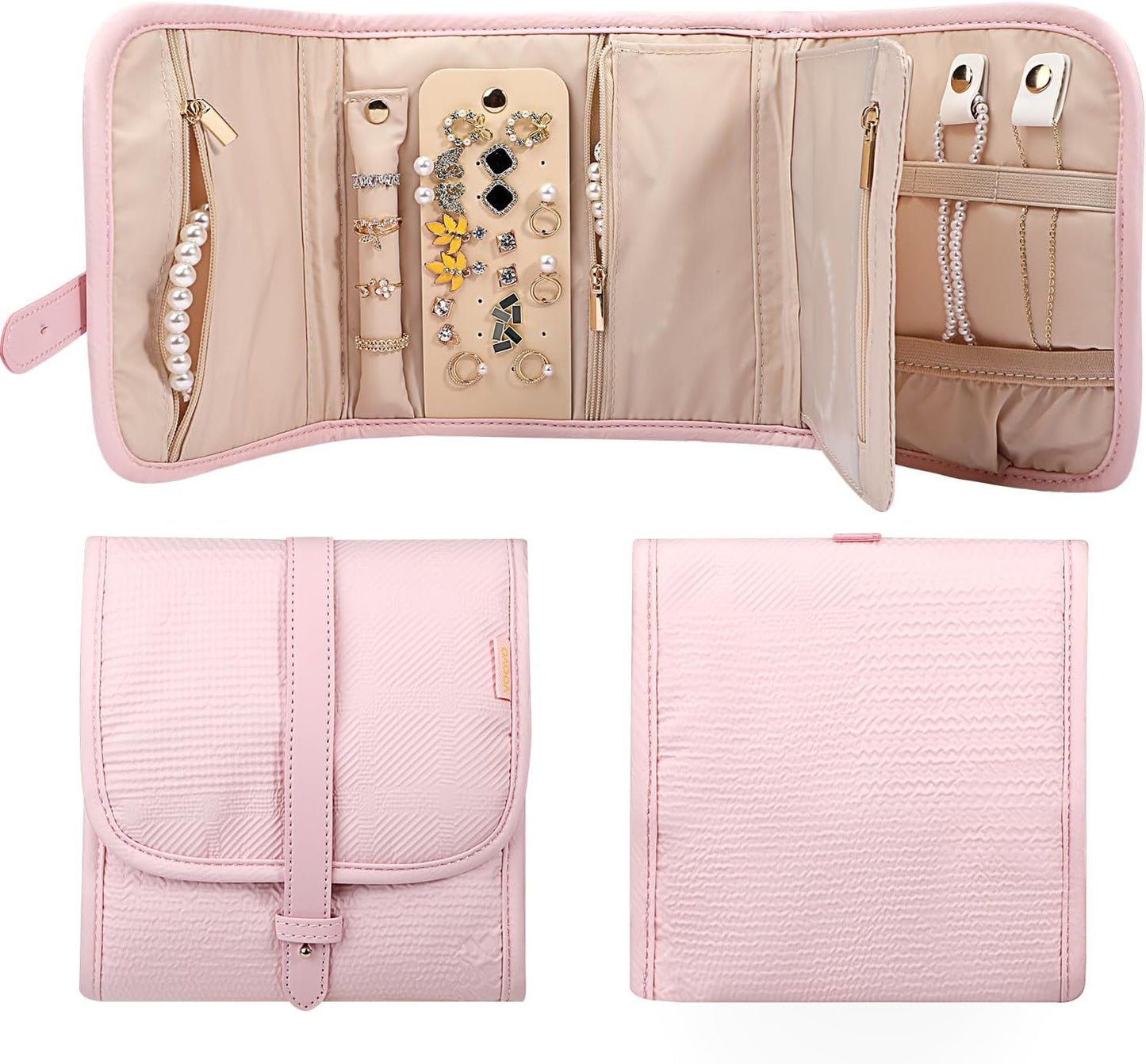 Voova Travel Jewelry Holder Organizer Case, Small Jewelry Storage Bag for Women Girls, Foldable Traveling Jewellery Pouch Roll for Necklaces Rings Earrings Bracelets, Mini, Light Pink