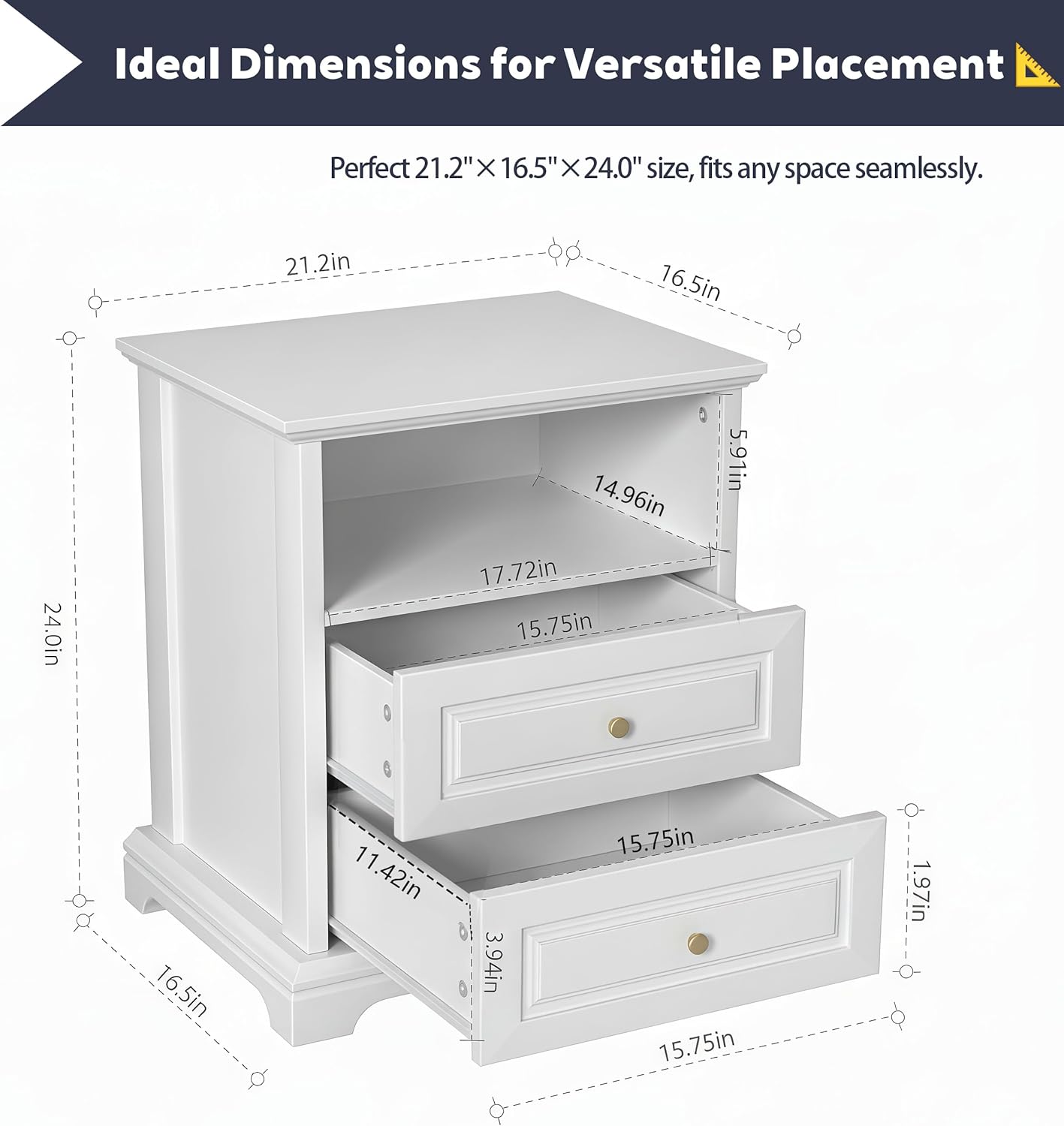 White Nightstand with 2 Drawers & Open Shelf, 21.2"x16.5"x24.0" Bedside Table with Gold Knobs, Modern End Table for Bedroom Living Room