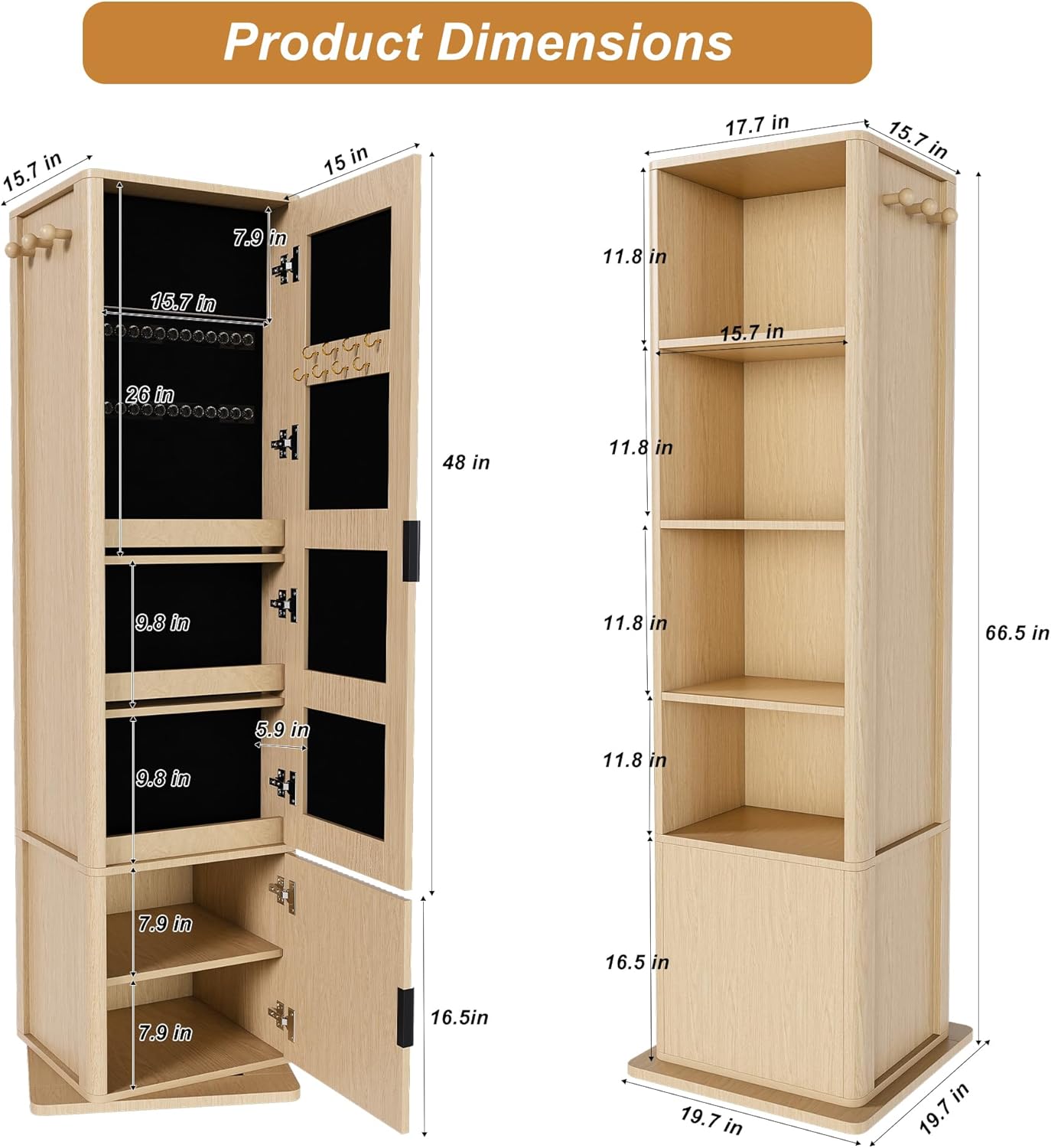 Montary 360° Rotating Makeup & Jewelry Cabinet with Full-Length Mirror - Standing Storage Organizer with Coat Rack, 4-Tier Open & Built-in Shelves, Walnut