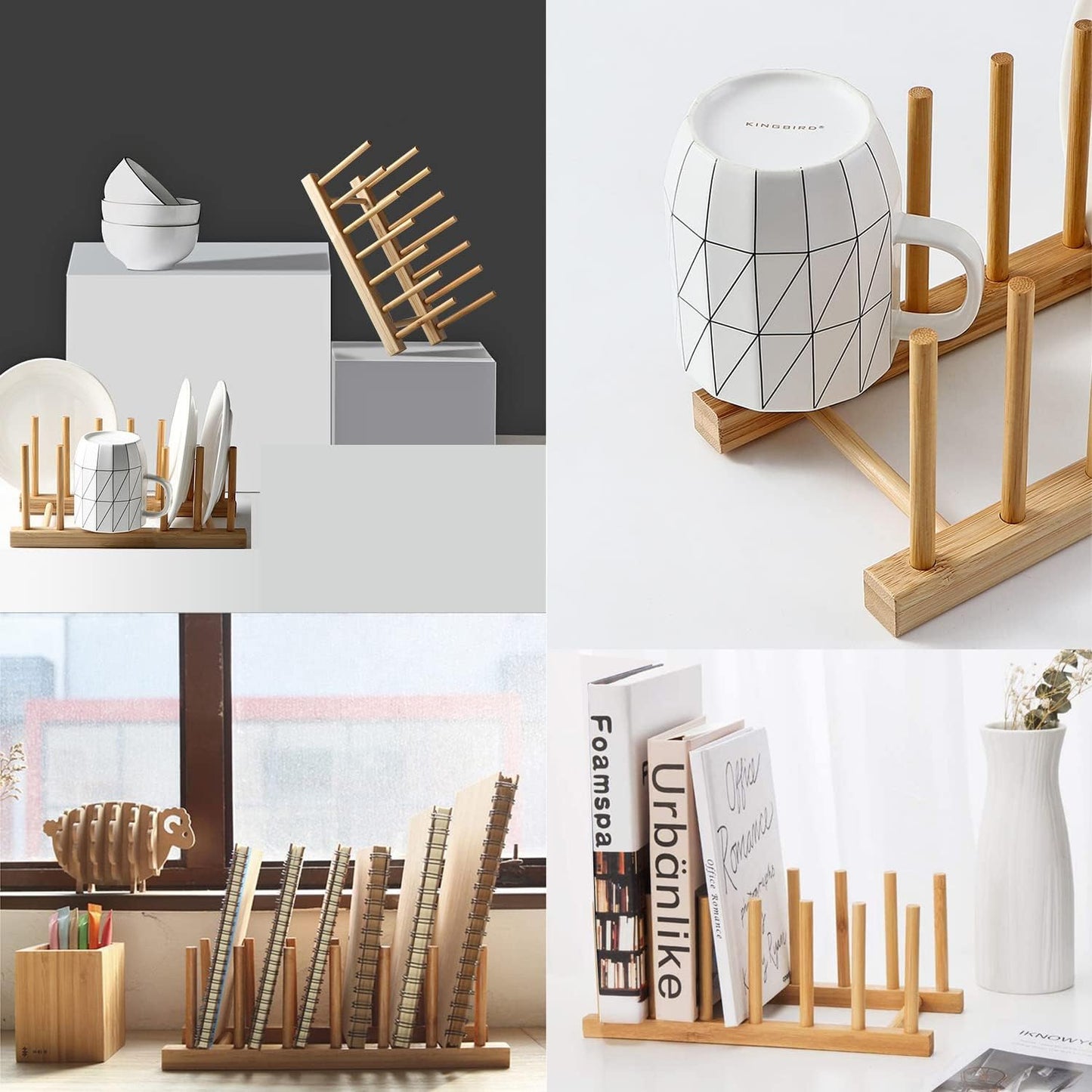 INNERNEED Bamboo Wooden Dish Rack, Vertical Plate & Lid Organizer for Kitchen Cabinet or Countertop, Drying Stand for Dishes, Cutting Boards