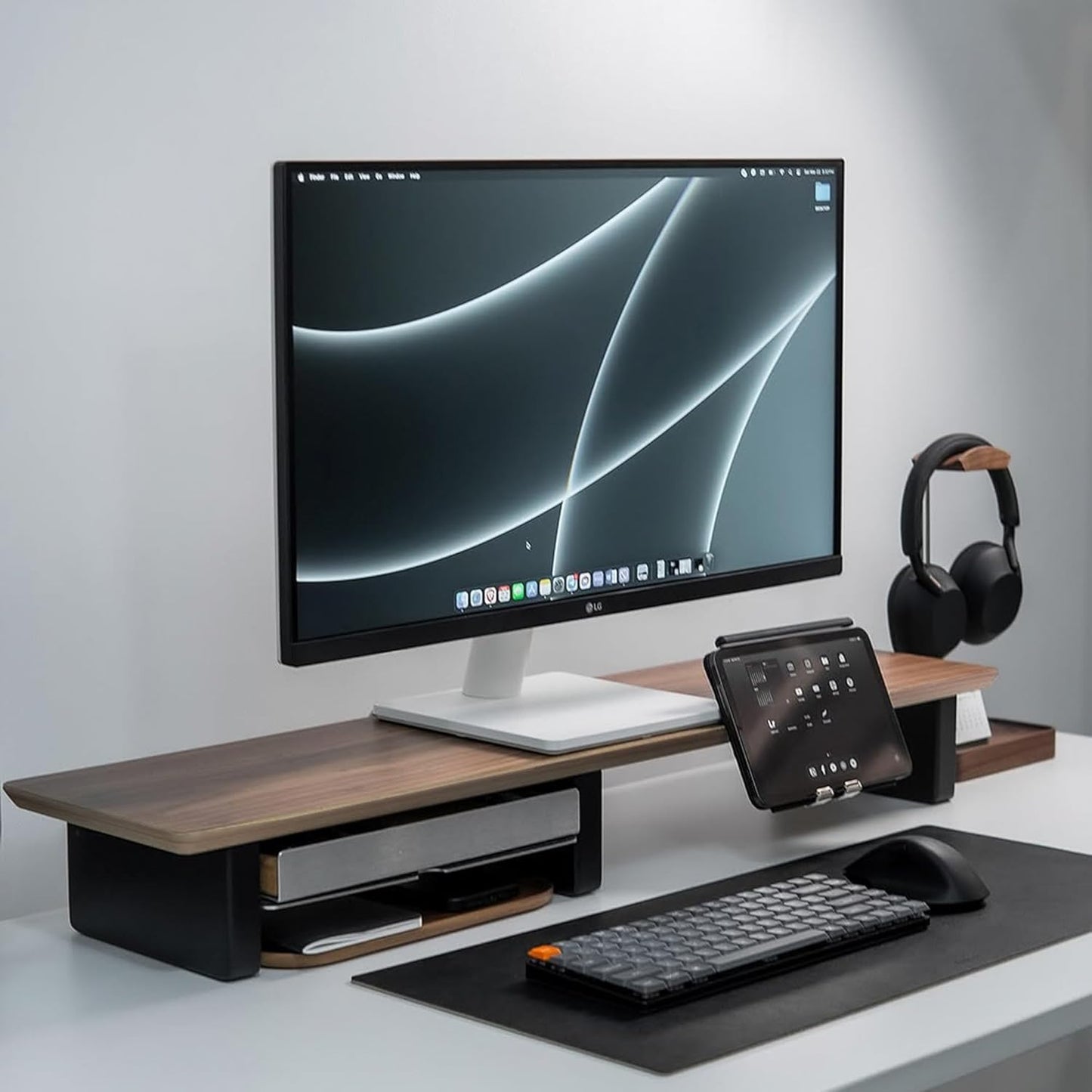 Raico Desk Cockpit Shelf Monitor Stand System Dual Screen Setup Wood Large Desk Accessory Organizer Unit (Walnut, Medium v2 | 36 Inches)
