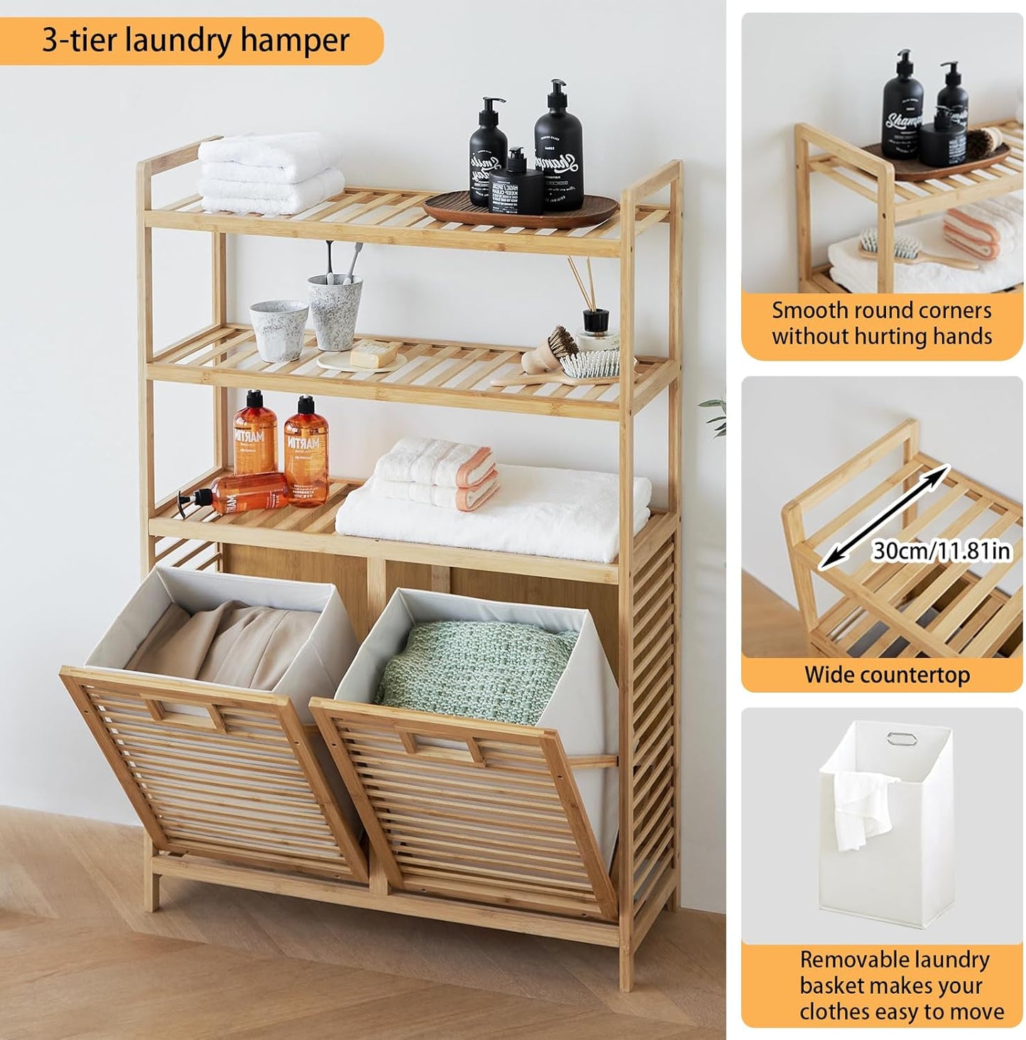 Double Tilt Out Laundry Hamper, Bamboo Hamper with 2 Removable Bags, Pull Out Laundry Hamper Cabinet, Bathroom Storage Shelf for Laundry Room, Living Room, Bedroom (3-Tier, Natural)
