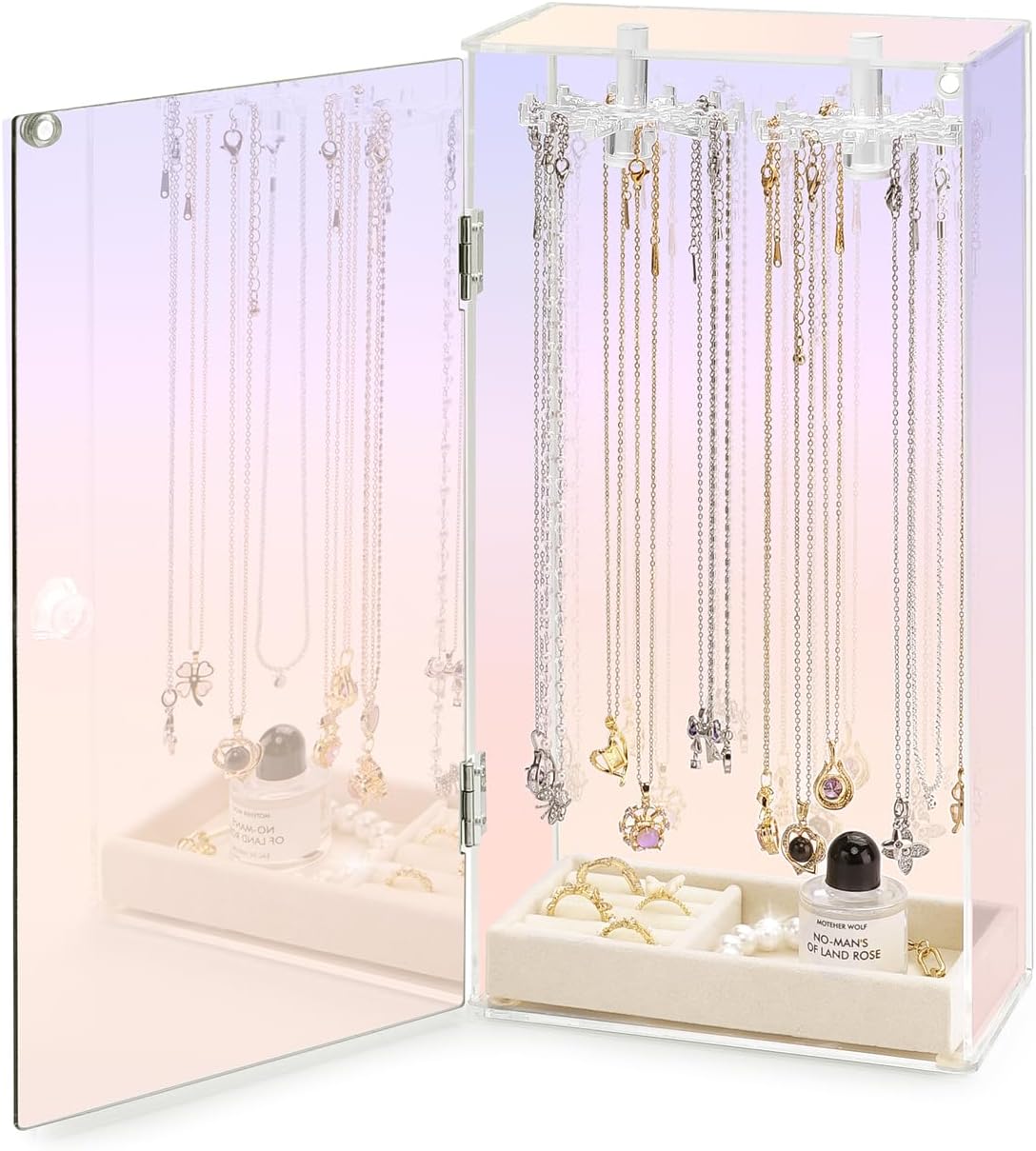 Cirhy Iridescent Necklace Holder Organizer for Women & Girls, Rotating Acrylic Jewelry Display Stand with Velvet Tray, Dustproof Necklace Organizer Box, Great Gift for Her