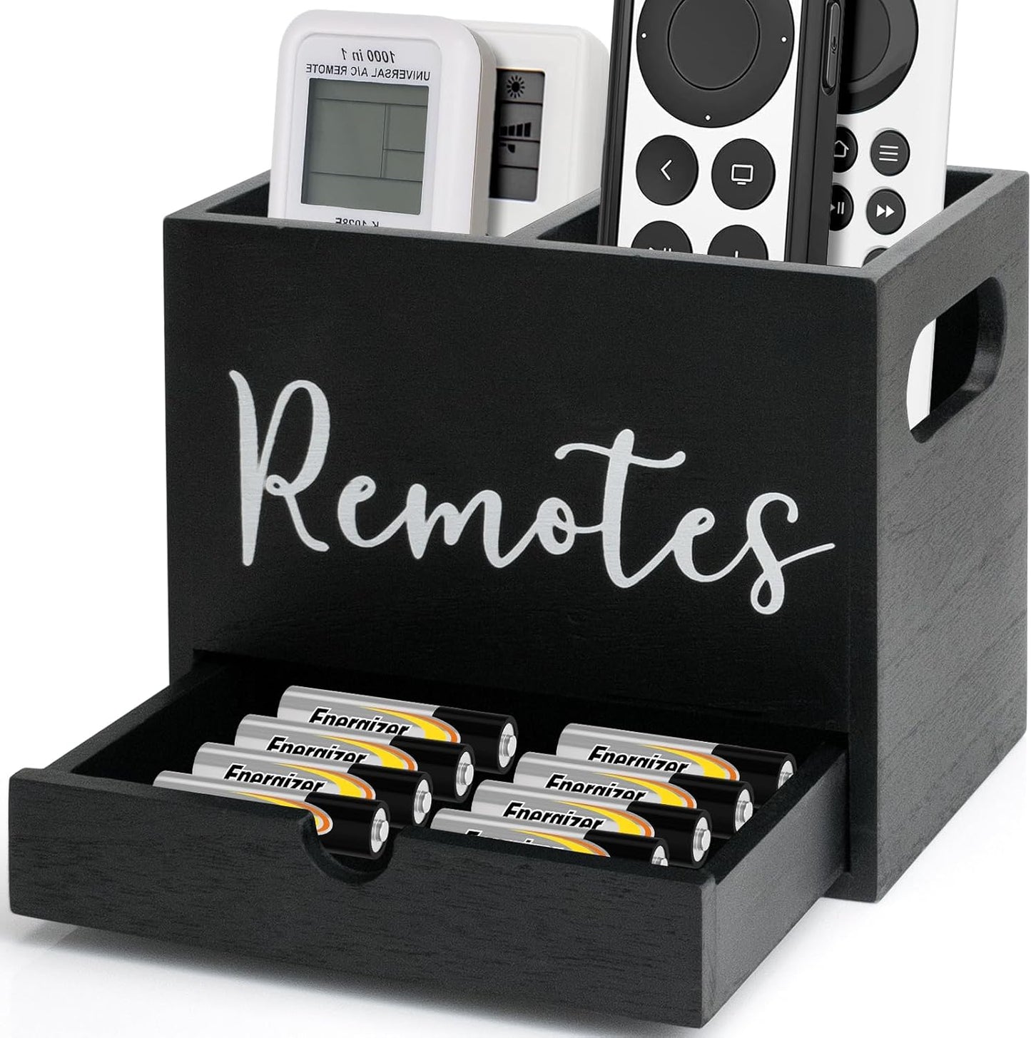 Remote Control Holder, 2 Slot TV Remote Holder& Desk Organizer with Drawers, Remote Organizer Caddy for Table, Wooden Remote Box for Nightstand,Media Storage Box for Living Room, Bed (Black)