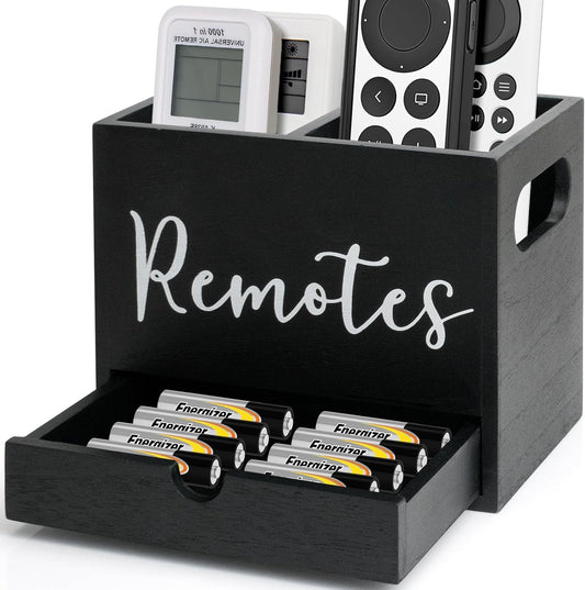 Remote Control Holder, 2 Slot TV Remote Holder& Desk Organizer with Drawers, Remote Organizer Caddy for Table, Wooden Remote Box for Nightstand,Media Storage Box for Living Room, Bed (Black)