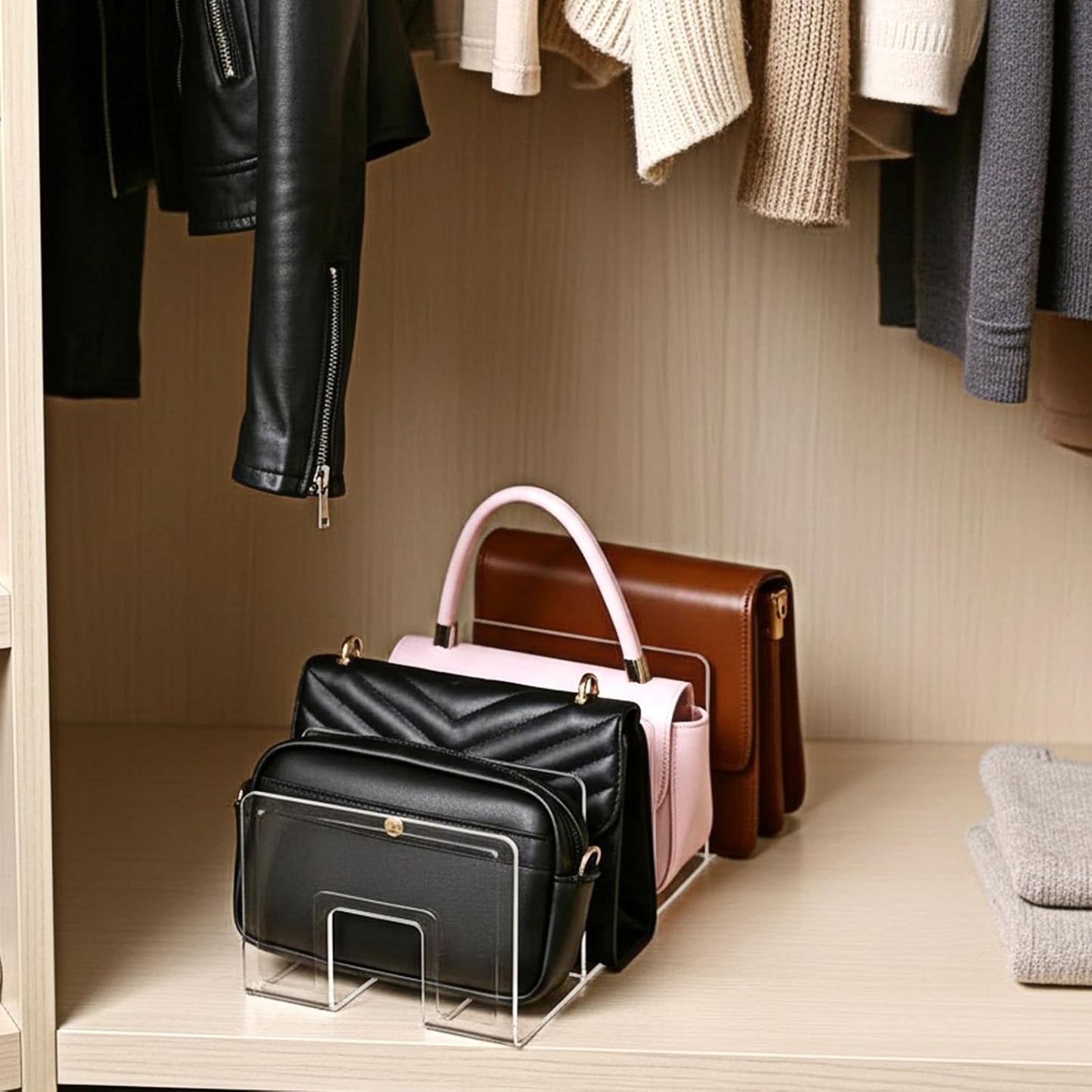 2 Pcs Acrylic Purse Organizer for Closet, 4 Sections Clear Handbag Storage Shelf 16.5 x 5.7 x 5.1 Inch Thickened Handbags Divider for Clutch, Clothes, Book, Document