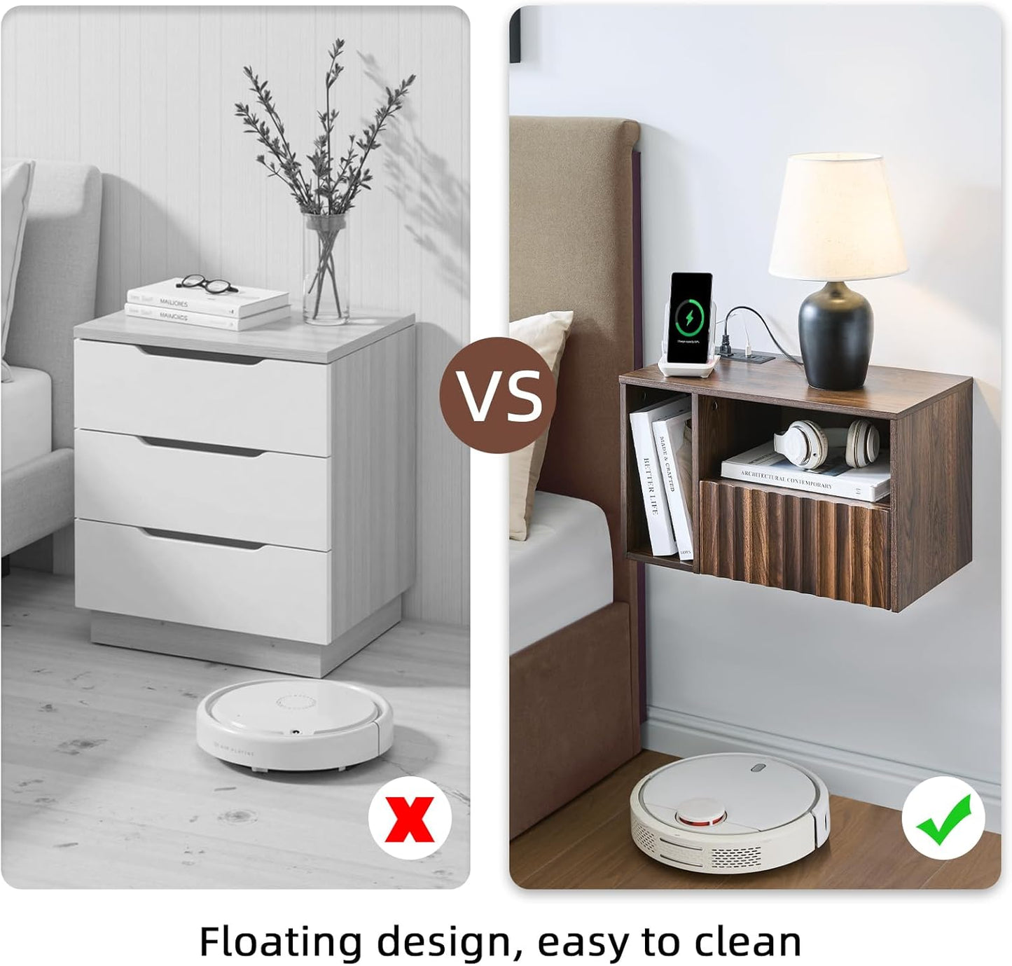 Modern Walnut Fluted Floating Nightstand with Charging Station, NightStand with Drawers, Bedside with USB Ports and Outlets, Bedroom Furniture (Left)