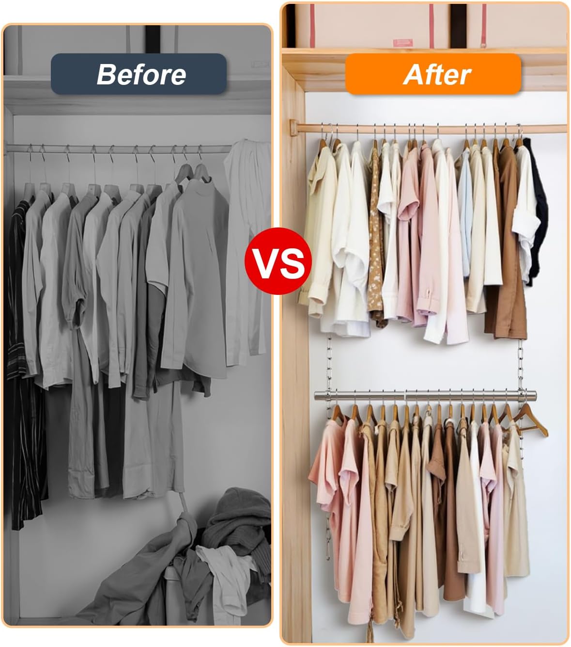 Hanging Closet Rod, Adjustable Width and Height Closet Rods Extender, 17-52inch Heavy-Duty Stainless Steel Bar, Space-Saving Closet Rod Hanging Clothes, 1Pack(Silver)