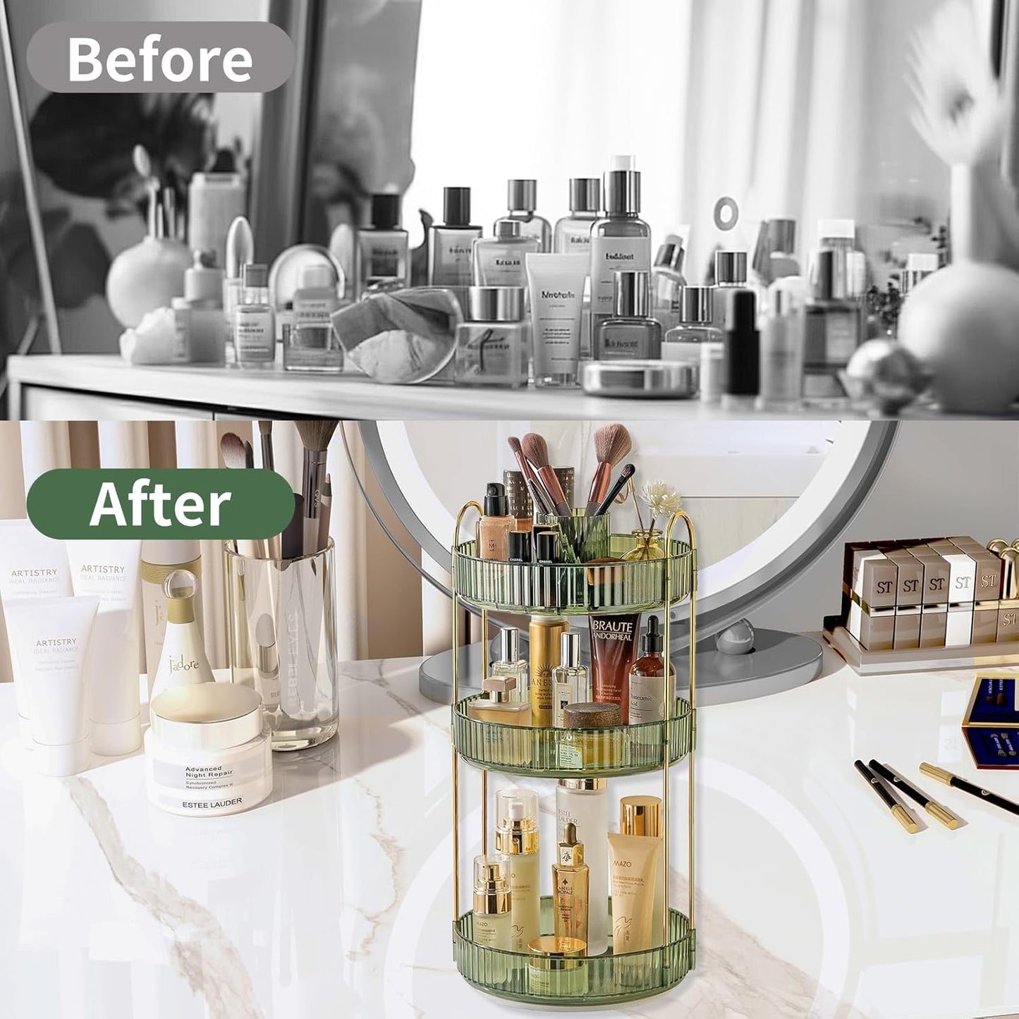 360 Rotating Makeup Organizer,3 Tier Large Capacity Make Up Organizers and Storage,Skincare Perfume Vanity Organizers,Bathroom Cosmetics Storage Organizer Countertop (Green)