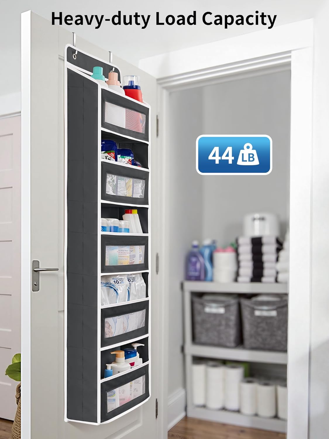 JARLINK 2 Pack Over The Door Organizer Storage, 5 Shelf Hanging Door Organizer with 5 Large Capacity Pockets, Anti Tilt 44 lb Load Behind Door Storage for Bedroom, Bathroom, Pantry, Nursery, (Black)