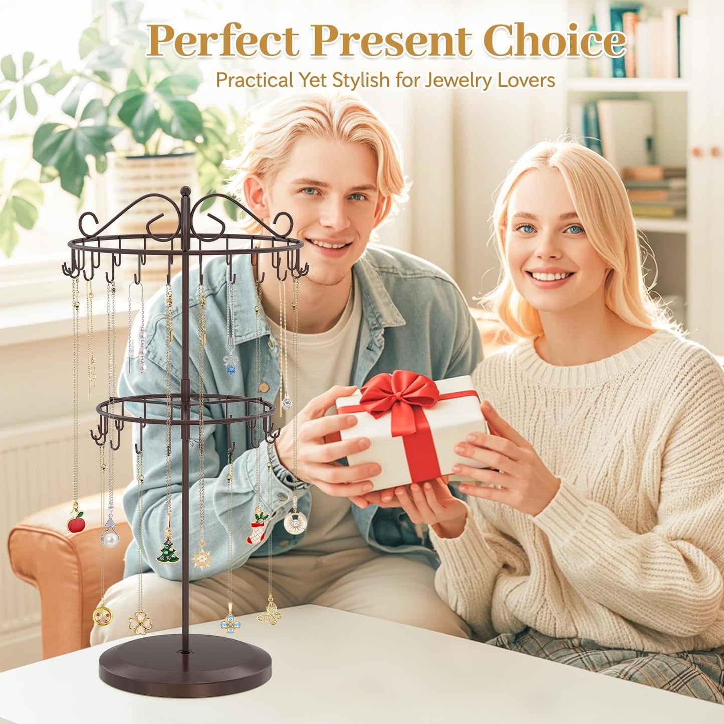 MODOWEY Rotating Necklace Holder Organizer Display Stand with 42 Hooks, 2 Tier Adjustable Metal Tree for Long Necklace Hanger Selling, Tall Spinning Bracelet Storage Rack for Men Women, Espresso Brown