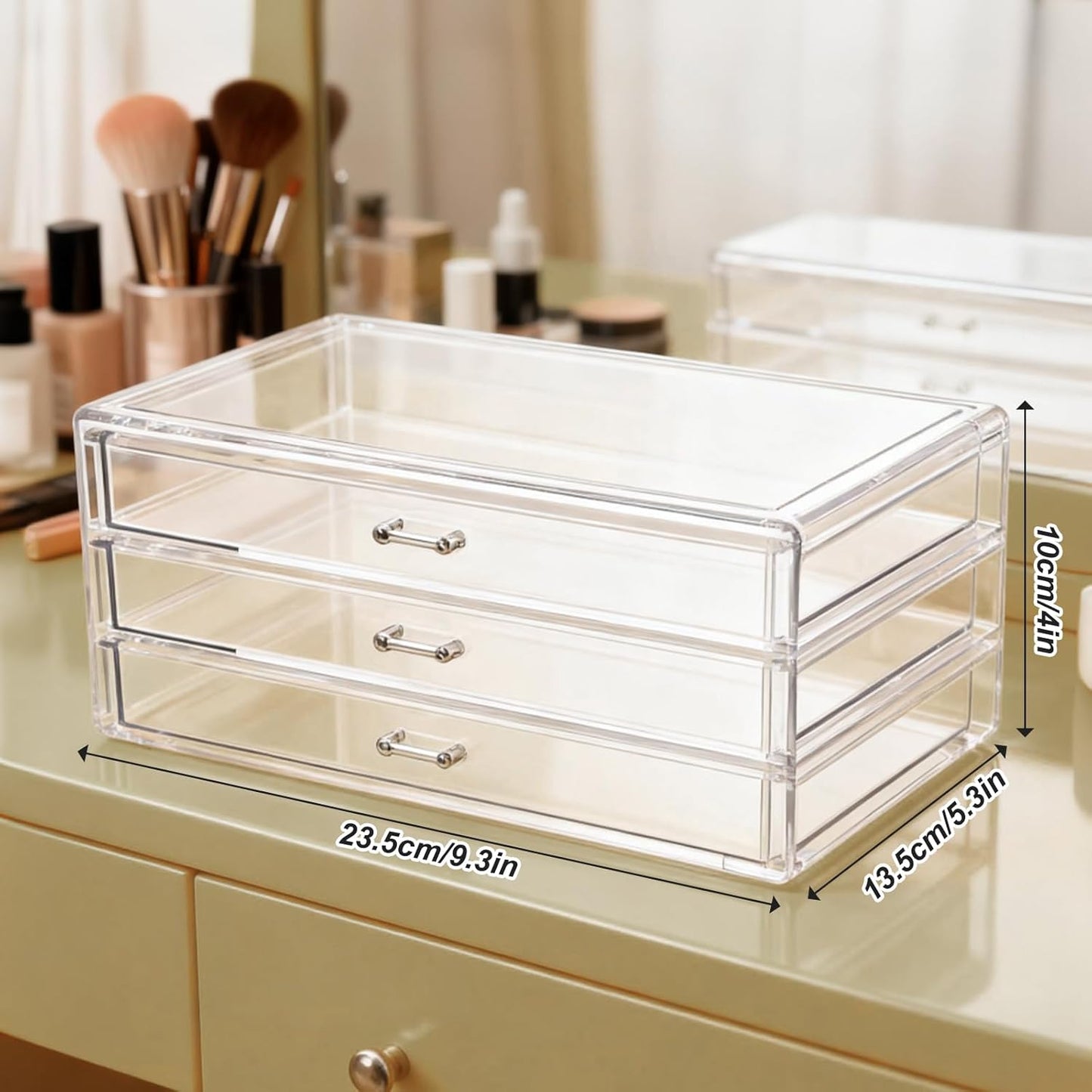 Acrylic Drawers Stackable, 9.3 X 5.3 X 4 Inch Stackable Makeup Organizer Acrylic 3 Drawer Storage Organizers Clear Stationery Organizer for Dresser, Bathroom, Vanity, Countertop