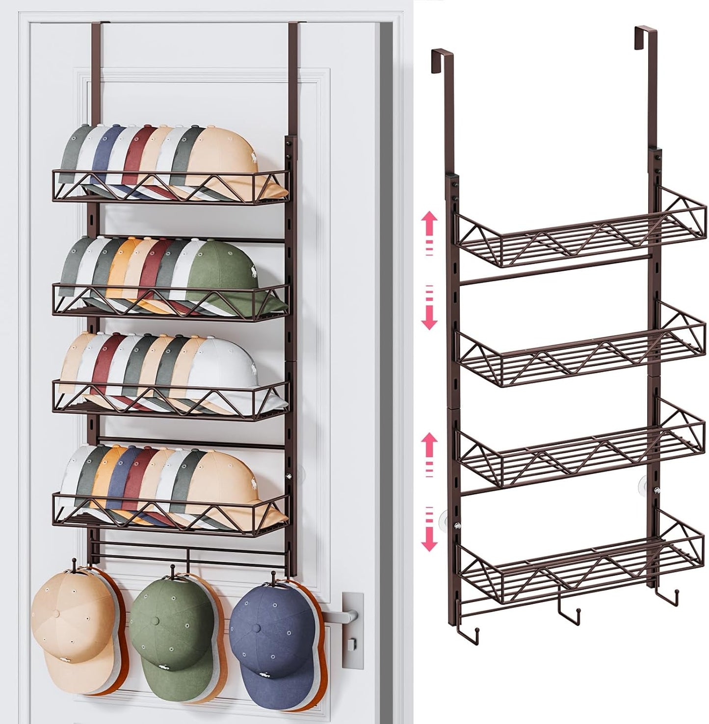 SWTYMIKI Over Door Hat Organizer - 5 Tier Wall Mounted Hat Rack with 4 Adjustable Metal Basket and 3 Hooks, Hanging Baseball Cap Organizer Storage Holds up to 49 Caps for Door, Bedroom, Closet