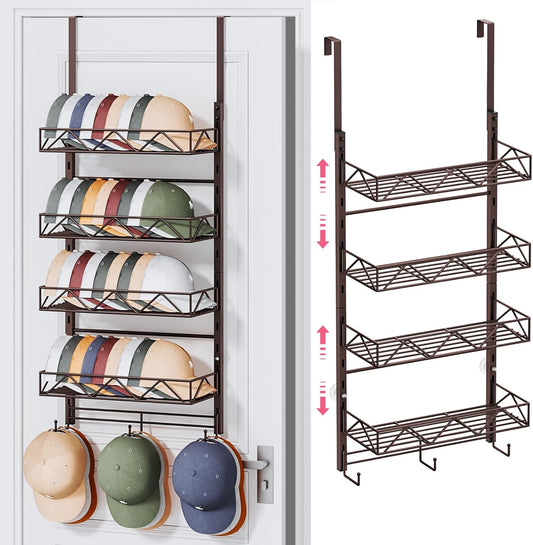 SWTYMIKI Over Door Hat Organizer - 5 Tier Wall Mounted Hat Rack with 4 Adjustable Metal Basket and 3 Hooks, Hanging Baseball Cap Organizer Storage Holds up to 49 Caps for Door, Bedroom, Closet