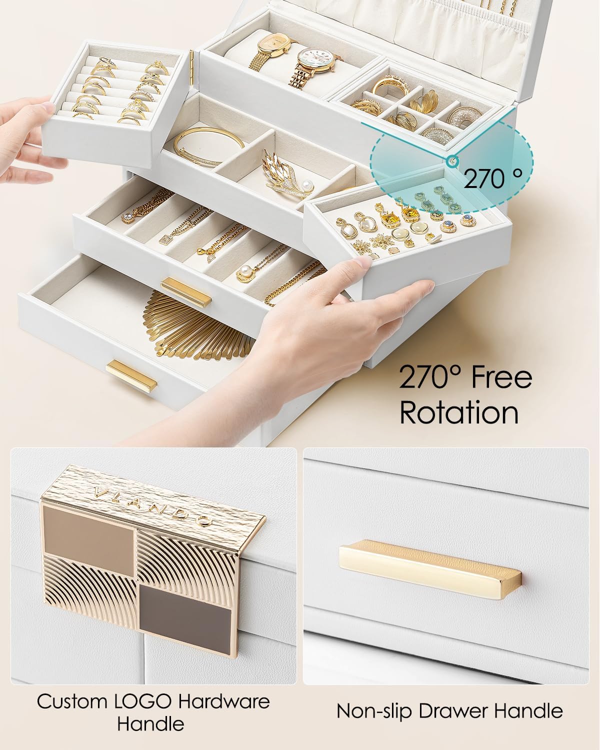 Vlando 4 Layers Jewelry Box - Women Jewelry Box with Retractable Tray - Jewelry Organizer with Drawer for Necklaces, Rings, Bracelets, Earrings, Gift for Couples Mom Girls - White